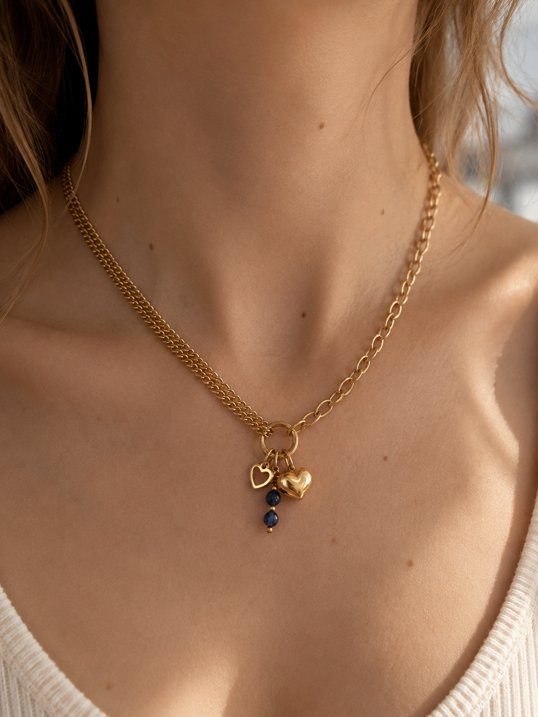 Collier doré asymétrique en acier inoxydable avec pendentifs cœur et perles semi précieuses bleues -Tokade