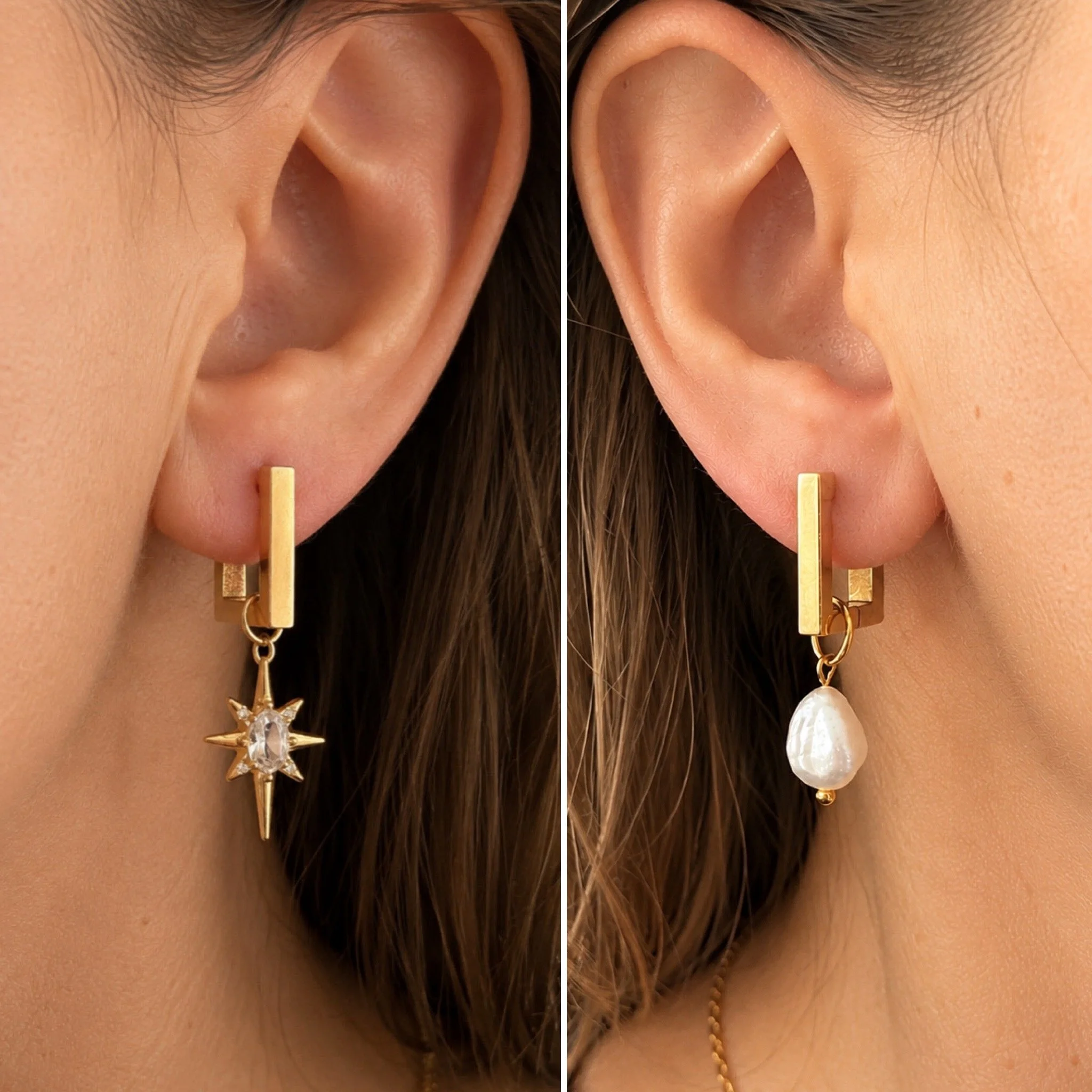 Paire de boucles d’oreilles Cassiopée en acier inoxydable doré composée d’une boucle étoile avec cristal et d’une boucle ornée d’une perle d’eau douce. Par Tokade