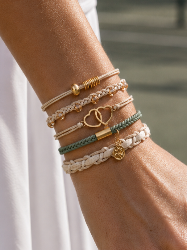 Lot de 5 élastiques à cheveux - Bracelets – Vert sauge, beige et doré