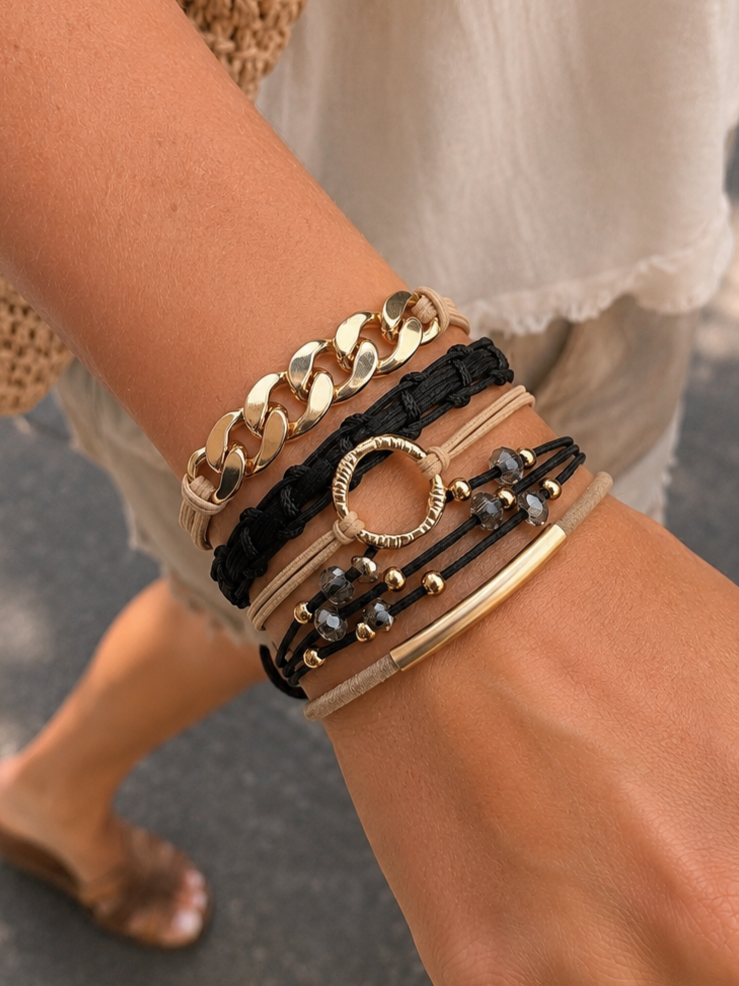 Lot de 5 élastiques à cheveux - Bracelets – Noir, beige et doré