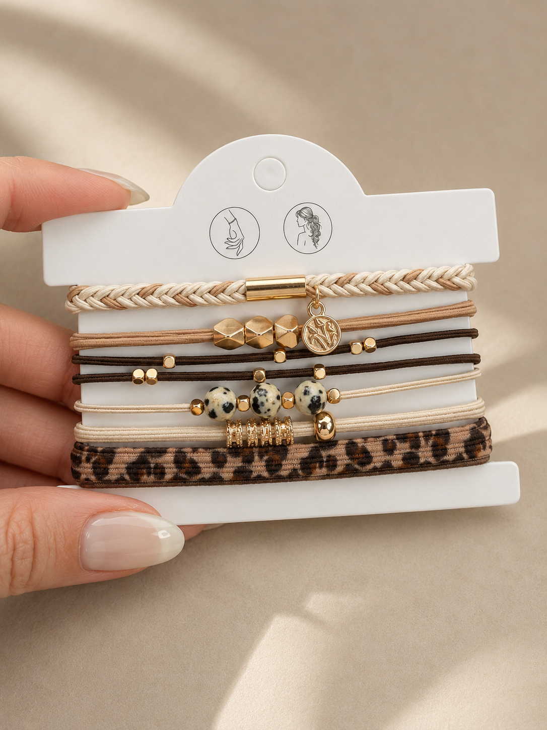 Lot de 5 élastiques à cheveux et bracelets 2-en-1 beige, brun, doré et motif léopard avec pierres décoratives - Tokade