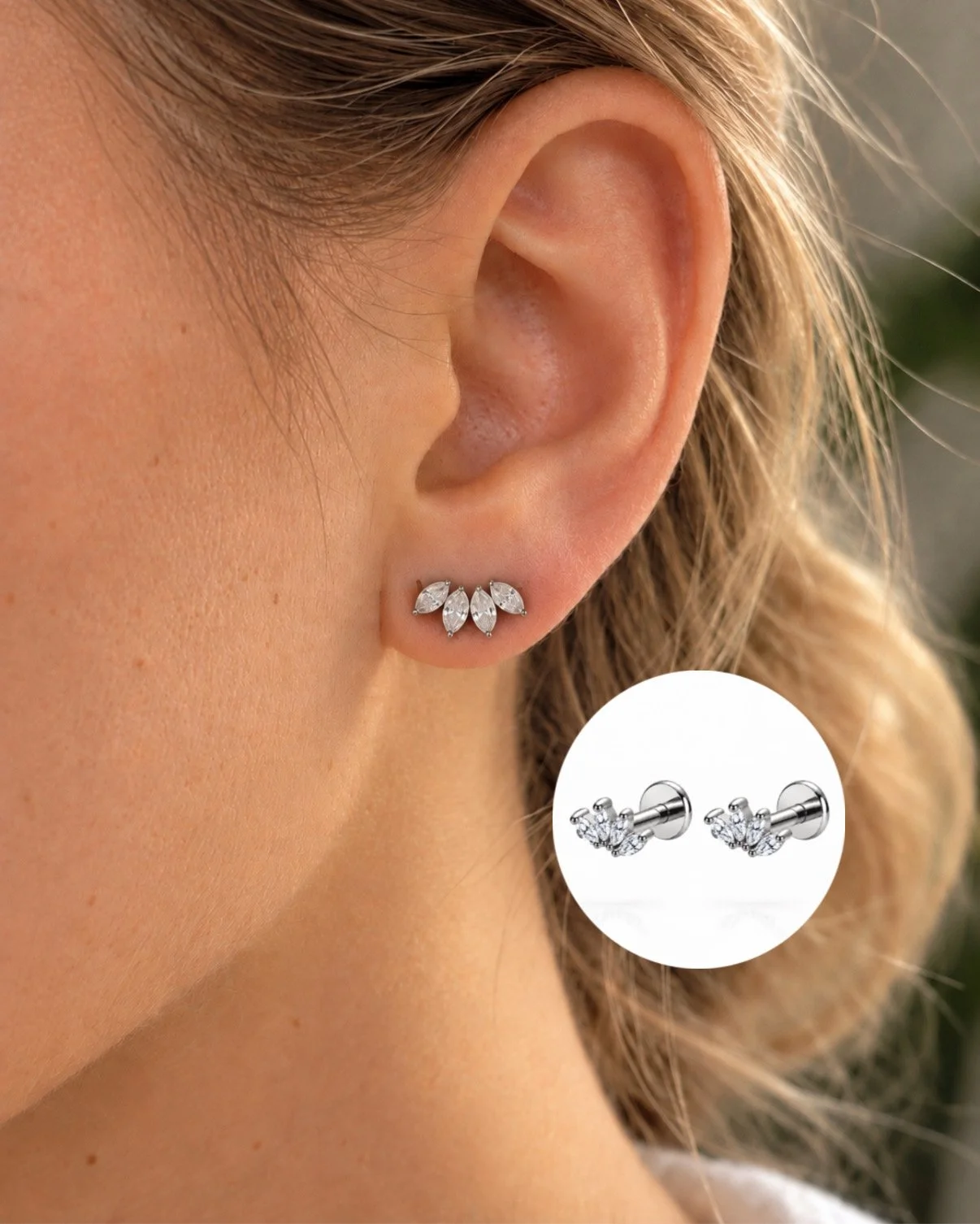 Boucles de piercing Ingrid argentées – insertion par l’arrière, vissées à l’avant