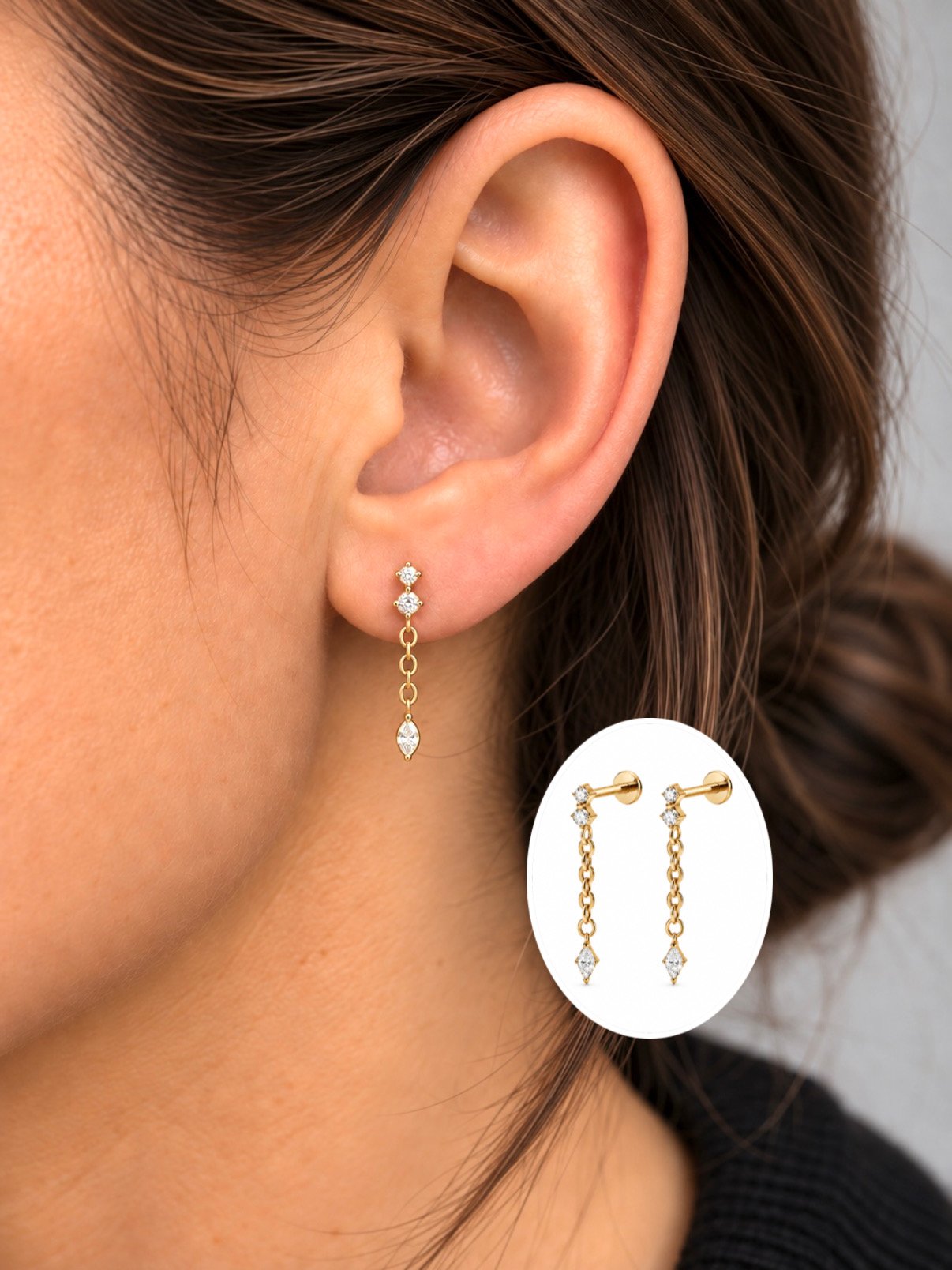 Boucles de piercing Léandre dorées – insertion par l’arrière, vissées à l’avant