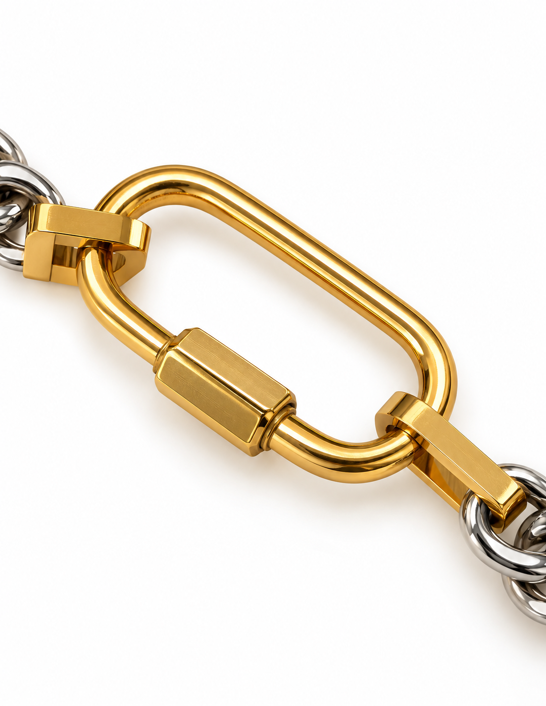 Bracelet Héra bicolore doré et argenté en acier inoxydable avec fermoir central à vis pour ajouter des breloques.