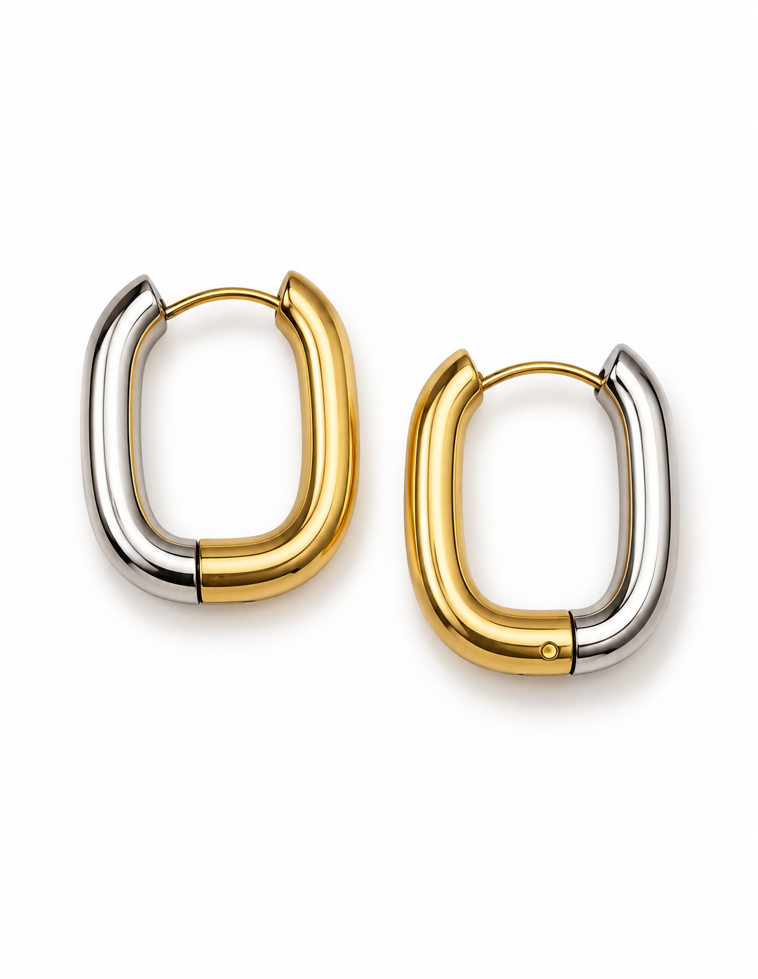 Boucles d’oreilles Éos bicolores dorées et argentées en acier inoxydable, personnalisables avec des breloques.