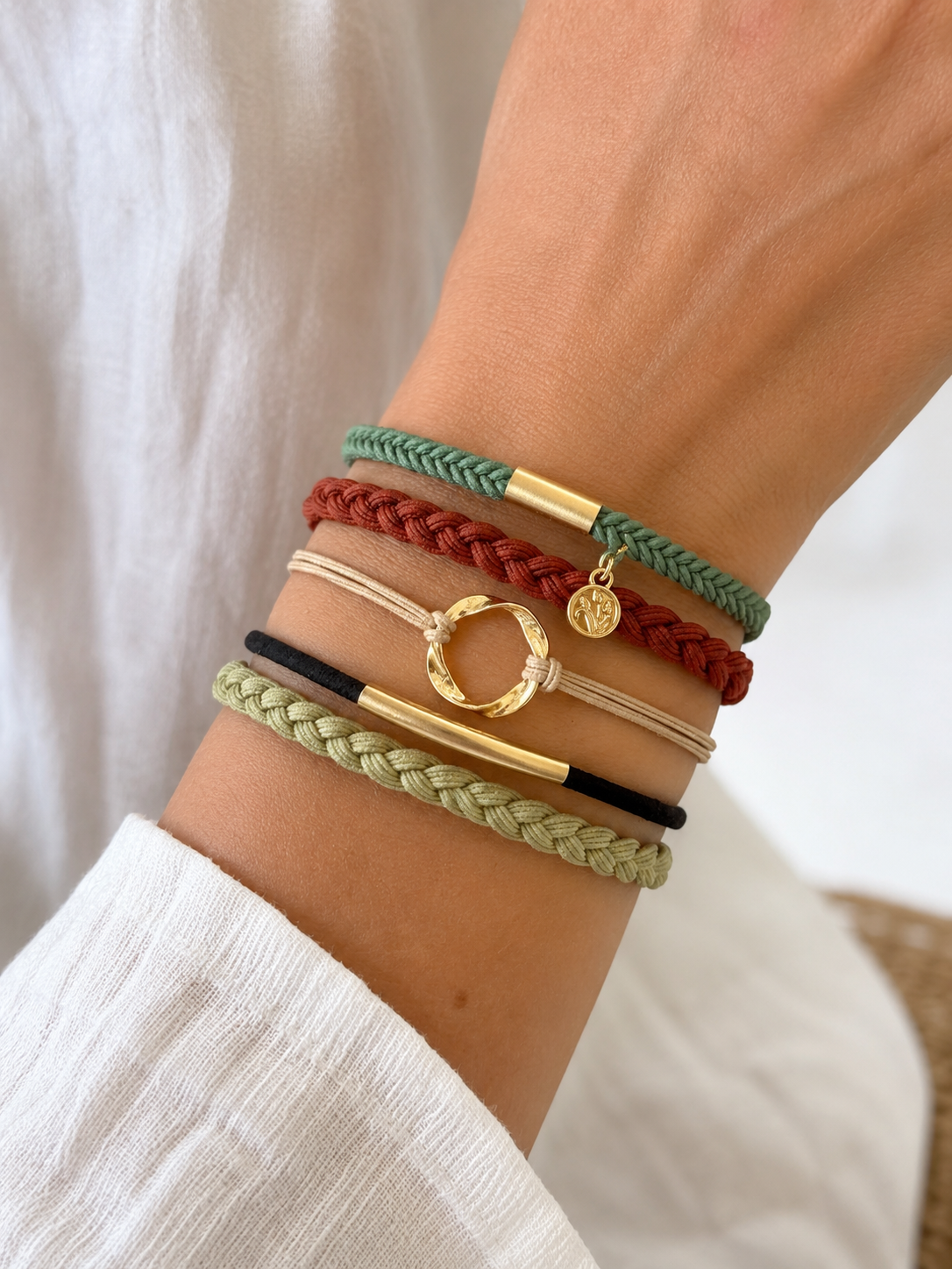 Lot de 5 élastiques à cheveux - Bracelets – Vert, rouille et doré