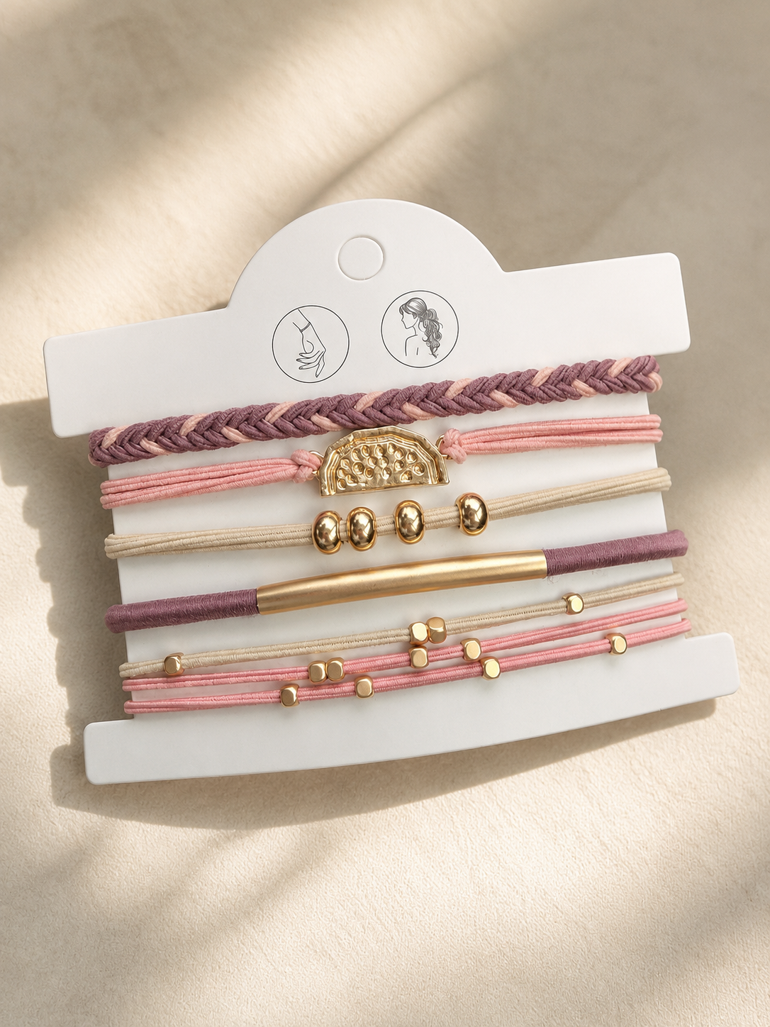 Lot de 5 élastiques à cheveux et bracelets 2-en-1 roses, mauves, crème et dorés avec détails métalliques - Tokade