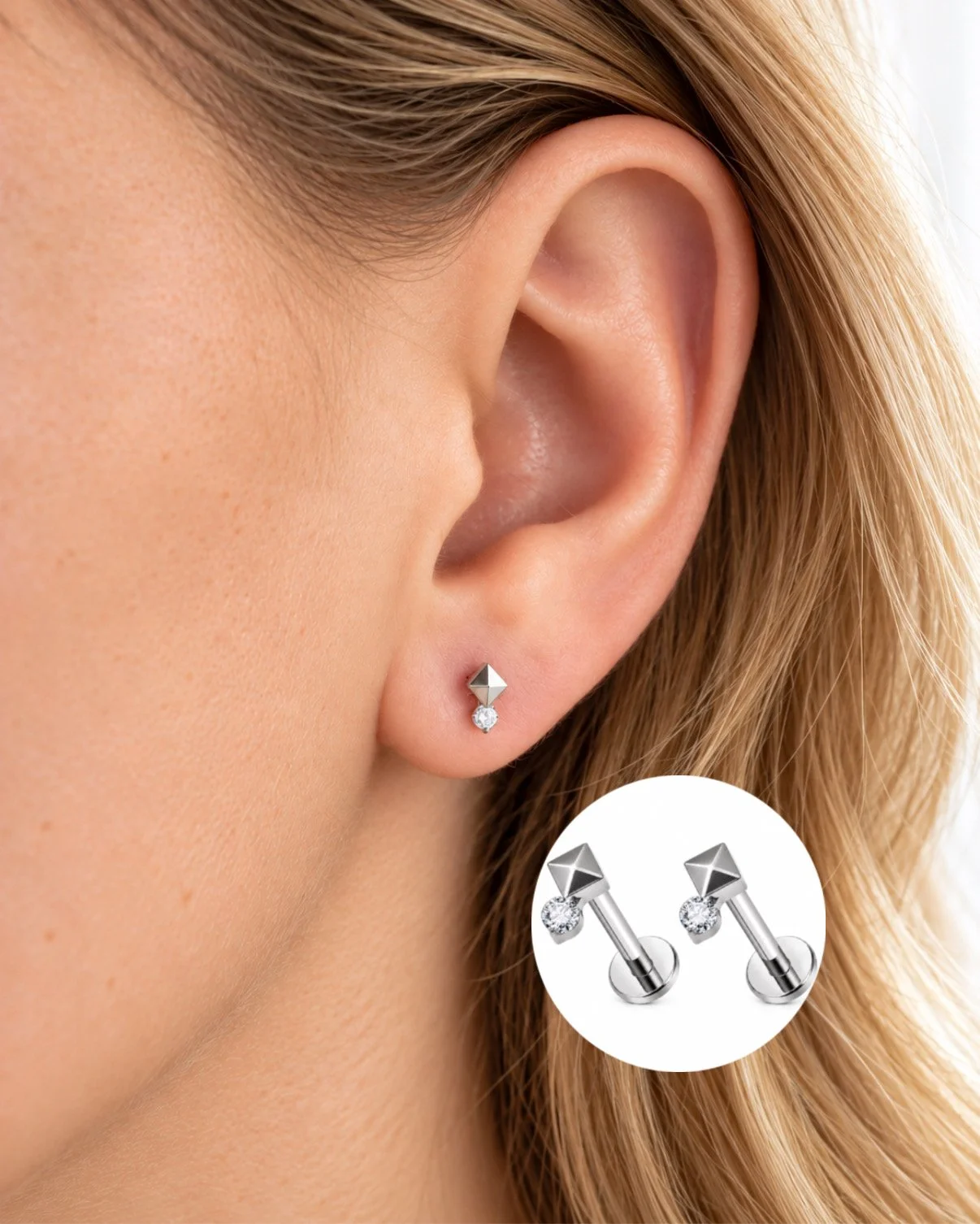 Boucles de piercing Samili argentées – insertion par l’arrière, vissées à l’avant