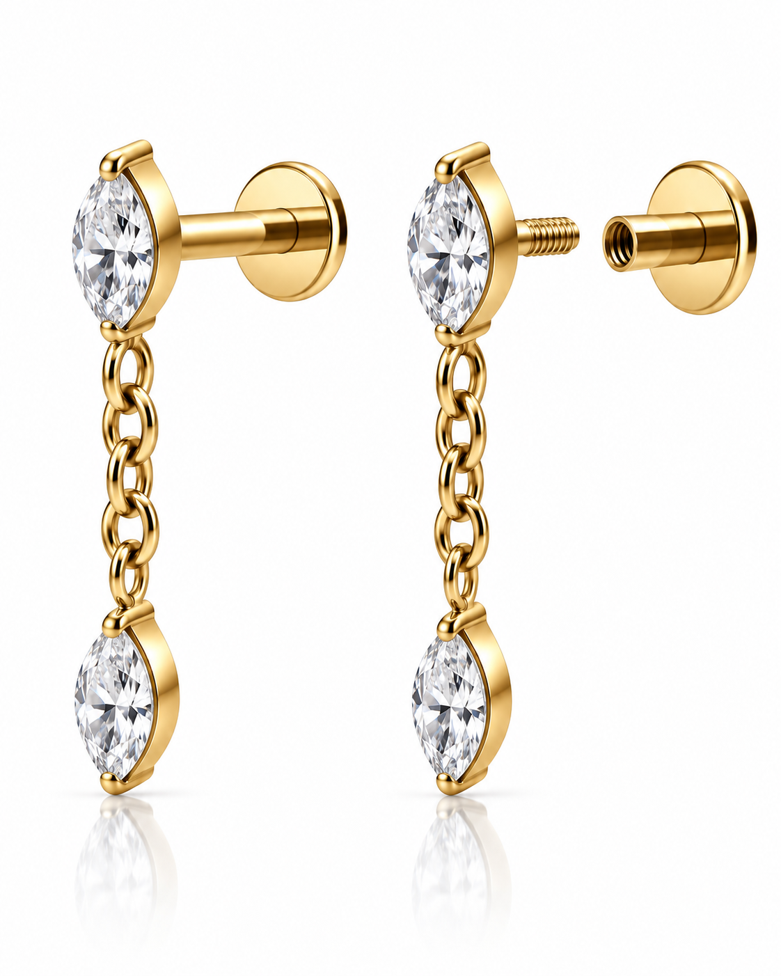 Boucles de piercing Wanny argentées à insertion arrière avec pierres brillantes et chaîne