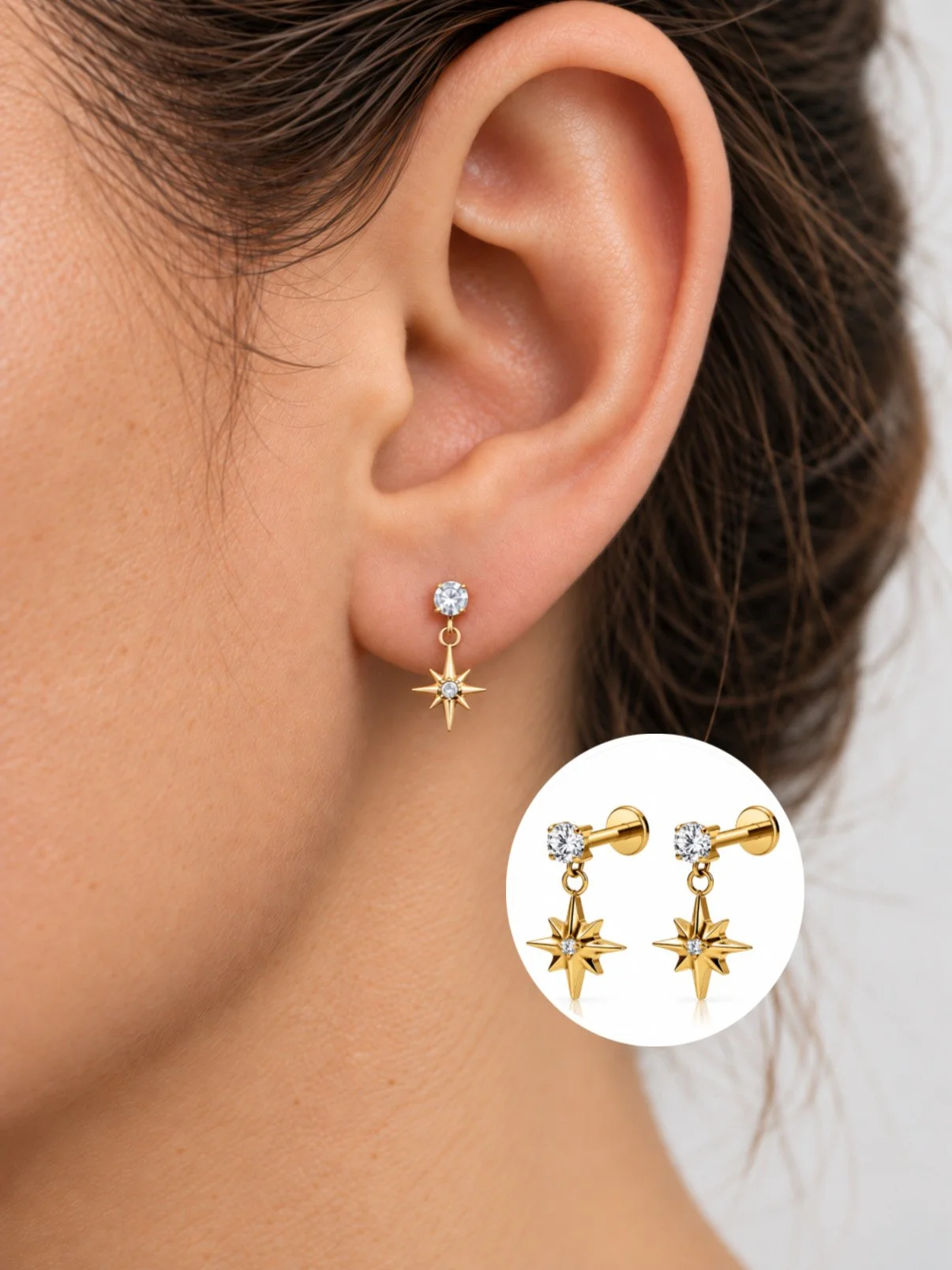 Boucles de piercing Salomé dorées – insertion par l’arrière, vissées à l’avant