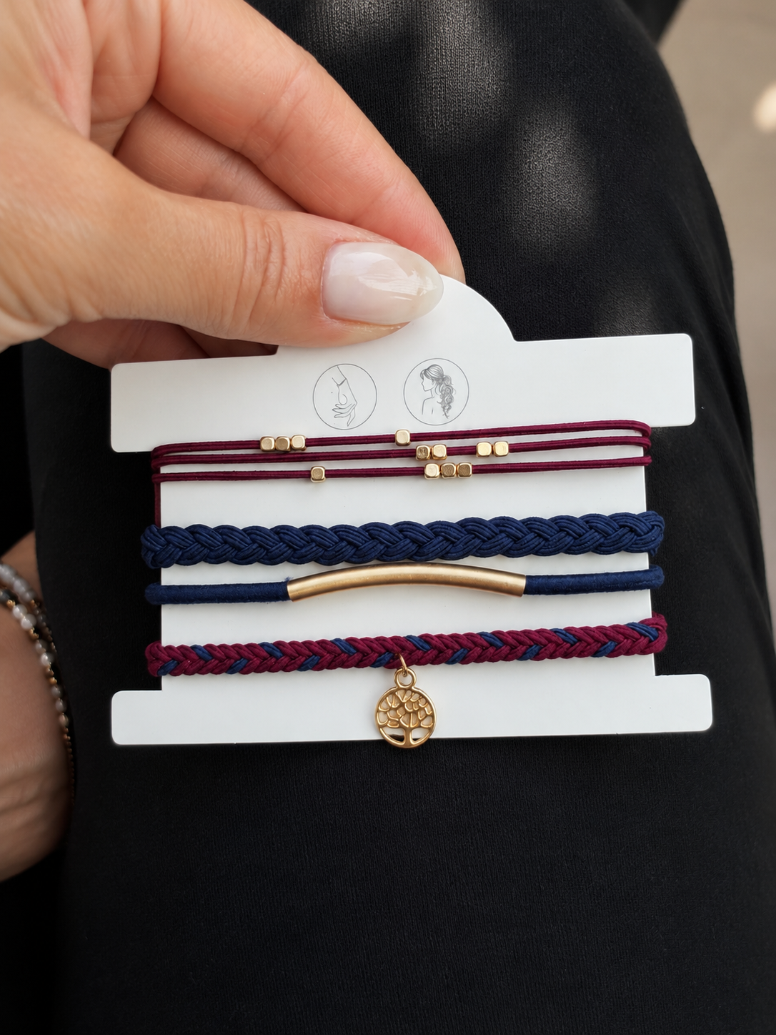 Lot de 5 élastiques à cheveux et bracelets 2-en-1 bleu marine, bordeaux et doré avec breloque arbre de vie. - Tokade