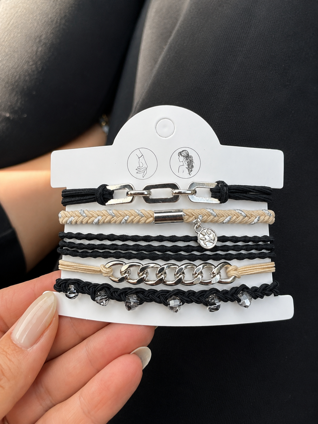 Lot de 5 élastiques à cheveux et bracelets 2-en-1 noir, beige et argent avec chaîne, cristaux et breloque arbre de vie - Tokade