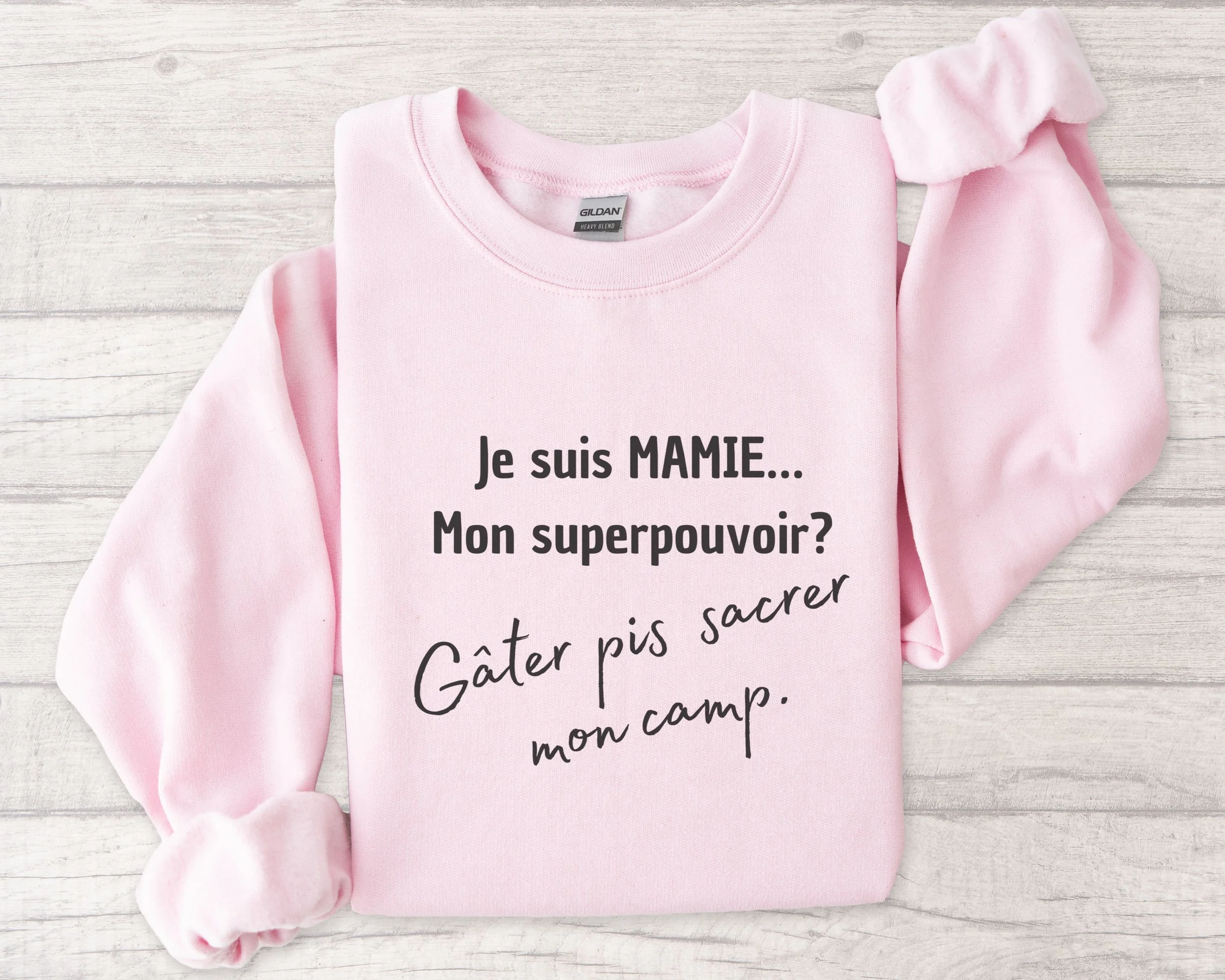 Coton ouaté humoristique rose pour mamie "Je suis maimie, mon superpouvoir? Gater pis sacrer mon camps"