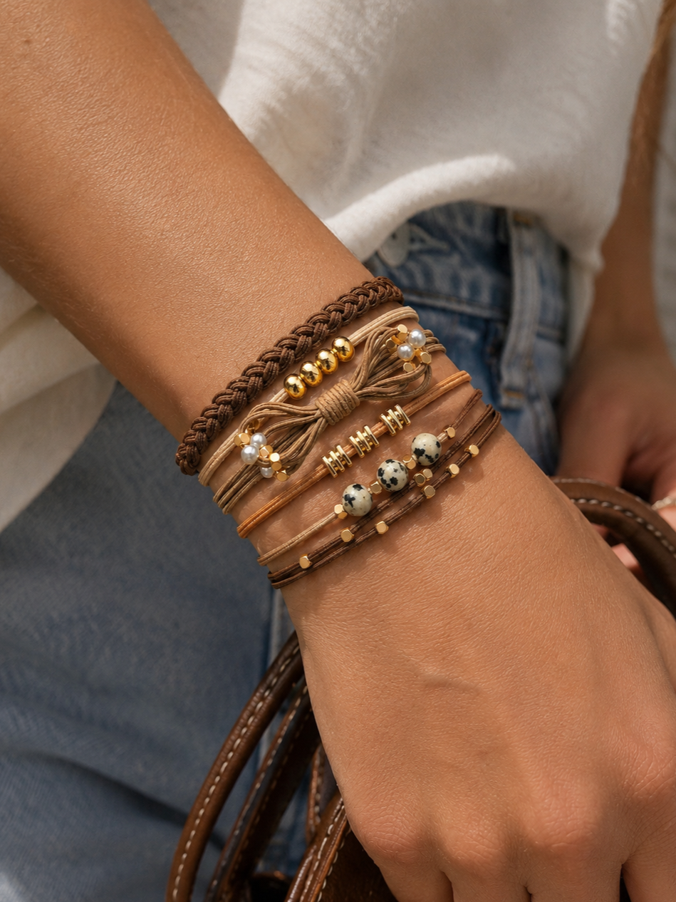 Lot de 5 élastiques à cheveux / Bracelets – Tons bruns et dorés
