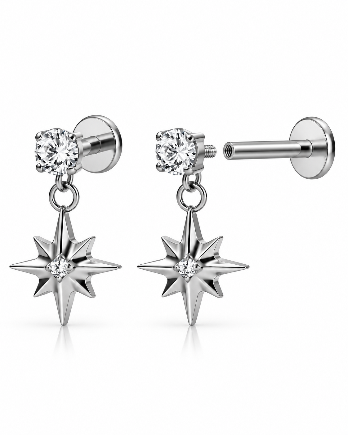 Boucles de piercing Salomé argentées à insertion arrière avec étoile et pierre brillante