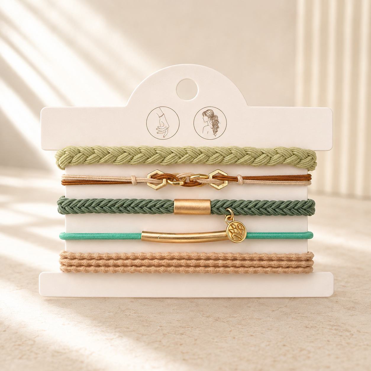Lot de 5 élastiques à cheveux et bracelets 2-en-1 vert sauge, beige et turquoise avec maillons décoratifs, médaillon gravé et détails dorés.