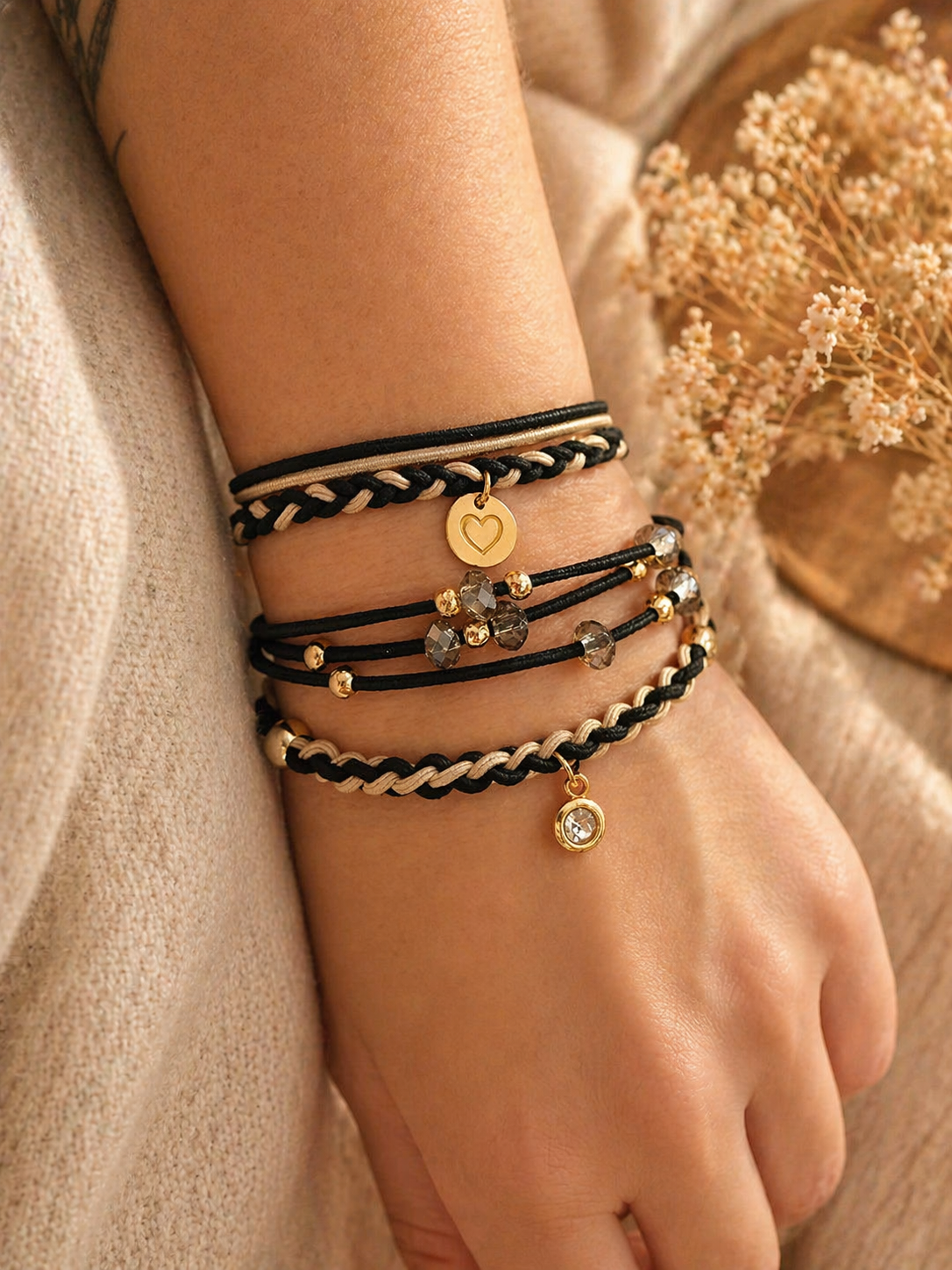 Lot de 3 élastiques à cheveux/Bracelets beiges et noirs