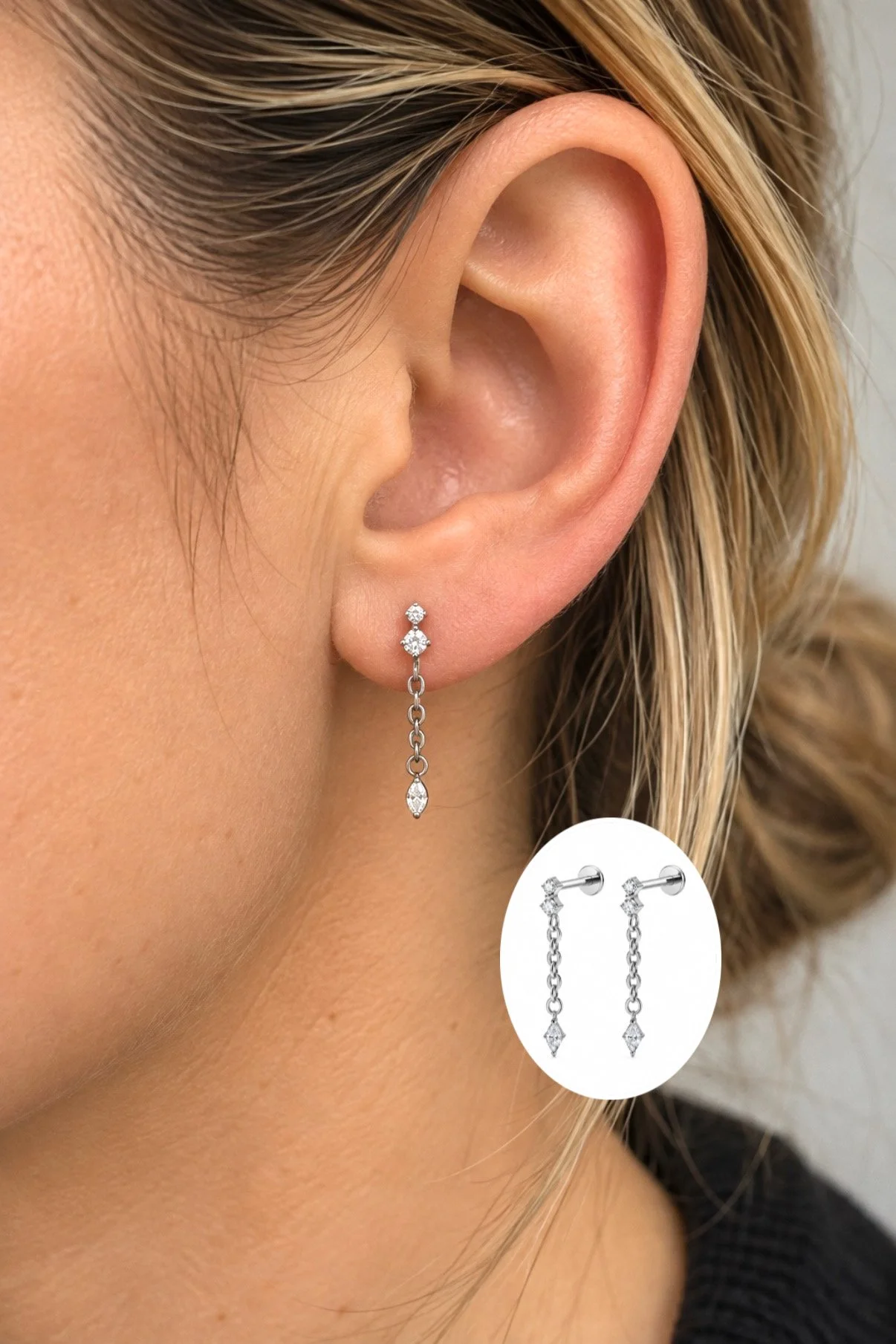 Boucles de piercing Léandre argentées – insertion par l’arrière, vissées à l’avant