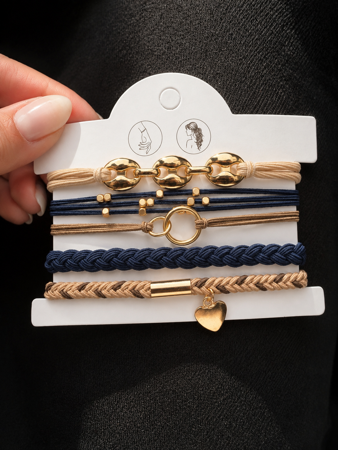 Lot de 5 élastiques à cheveux et bracelets 2-en-1 bleu marine et beige avec détails dorés et pendentif cœur - Tokade
