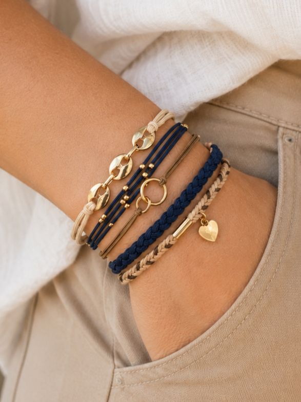 Lot de 5 élastiques à cheveux / Bracelets – Bleu marine et beige