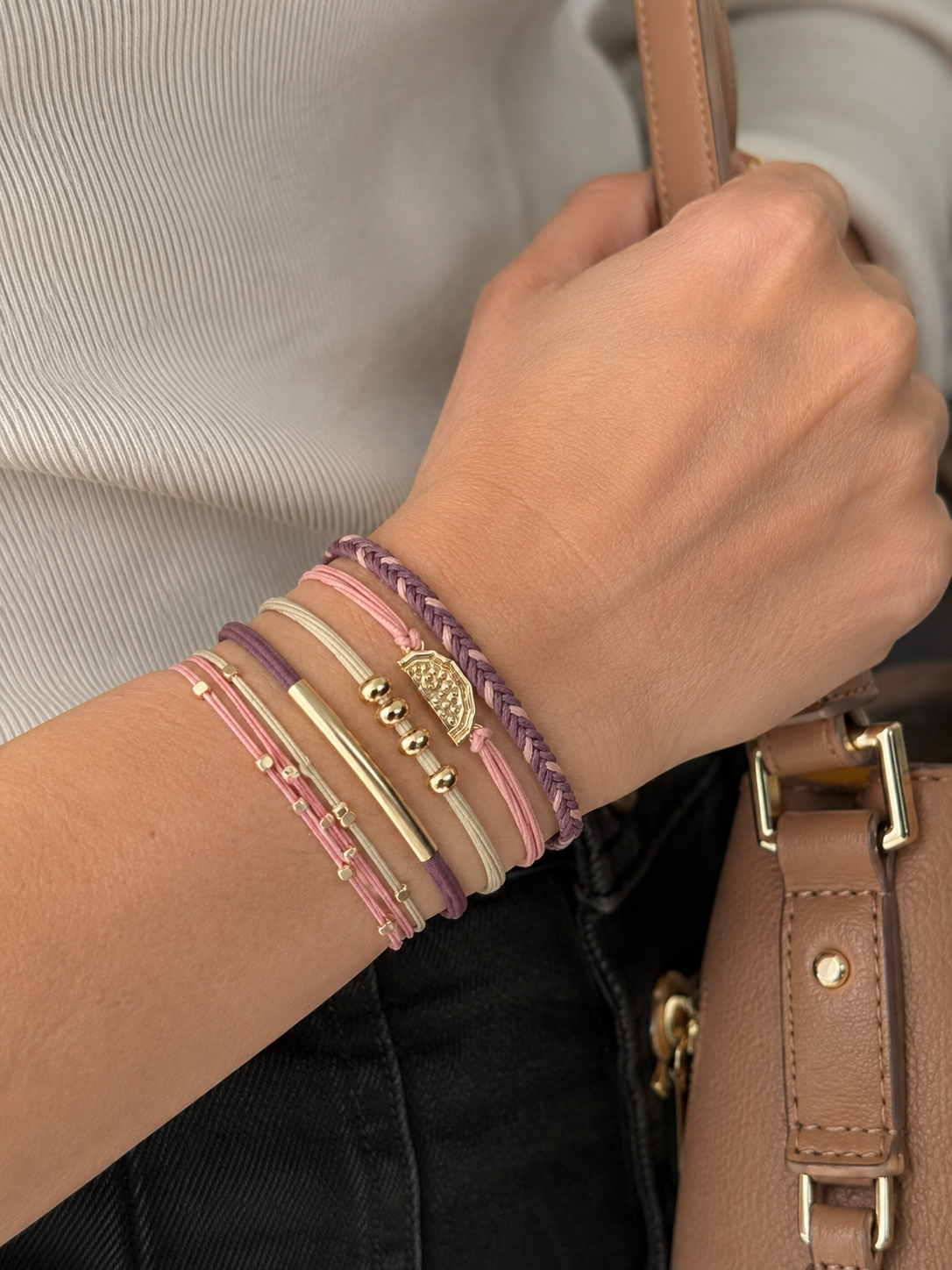 Lot de 5 élastiques à cheveux / Bracelets – Rose, mauve et doré