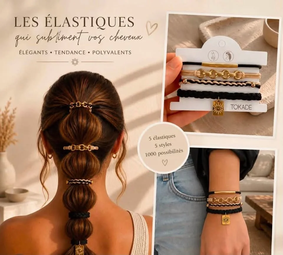 Montage de bracelets et accessoires élastiques pour cheveux, avec image d'une femme portant plusieurs bracelets en style tendance, élégant, et polyvalent.