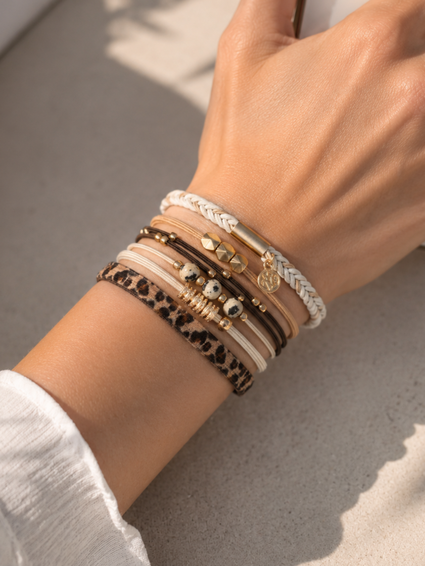 Lot de 5 élastiques à cheveux - Bracelets – Beige, brun et motif léopard