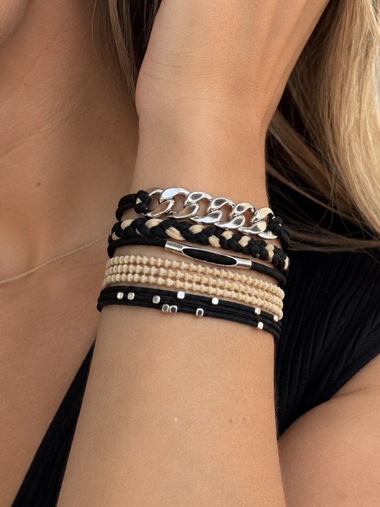 Lot de 5 élastiques à cheveux - Bracelets – Noir, crème et argenté