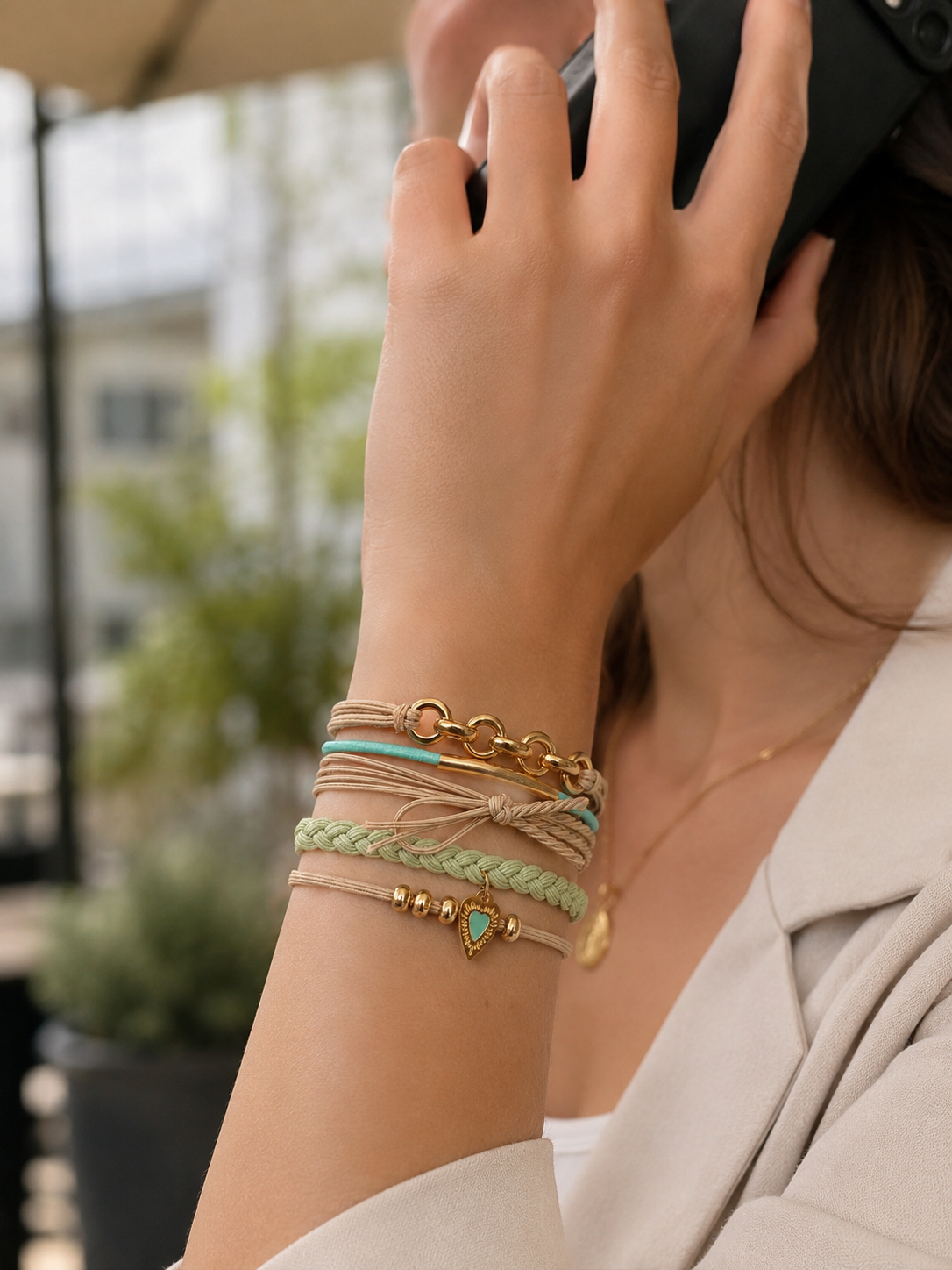 Lot de 5 élastiques à cheveux / Bracelets – Beige, vert sauge et turquoise