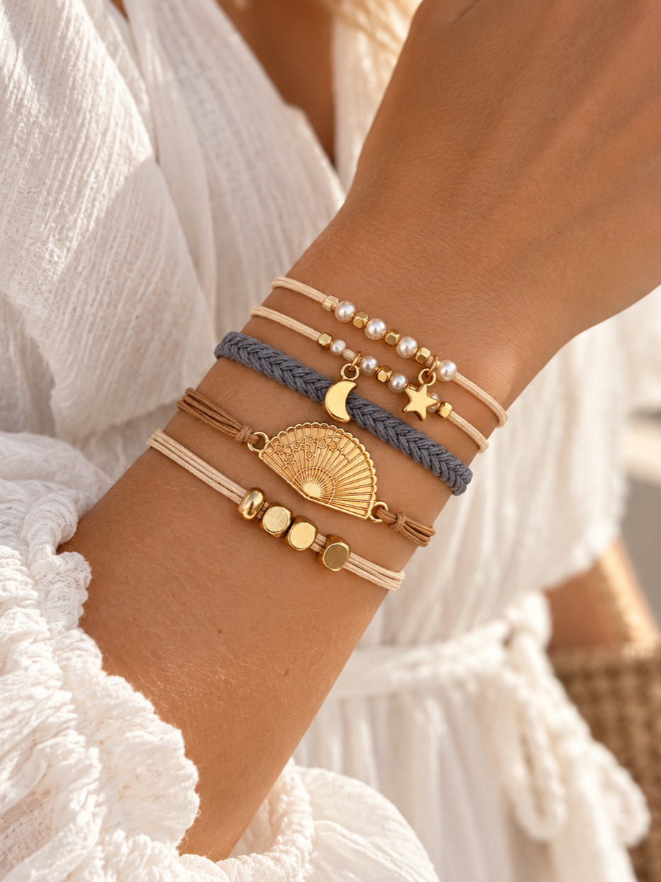Lot de 5 élastiques à cheveux - Bracelets – crème, bleu et doré
