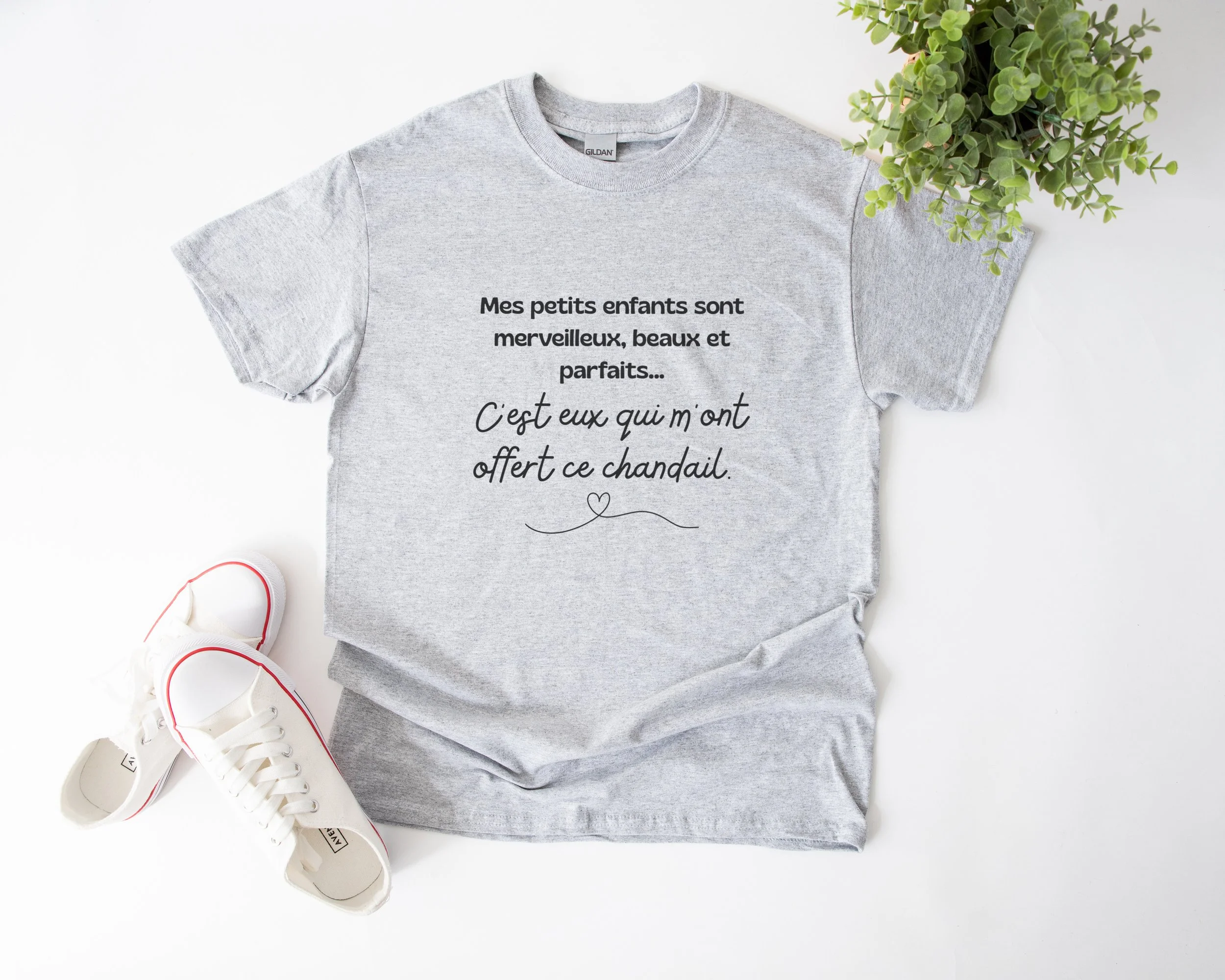Chandail gris avec l’inscription humoristique « Mes petits-enfants m’ont offert ce chandail », présenté sur un mannequin. Chandail confortable, style décontracté, cadeau québécois original.