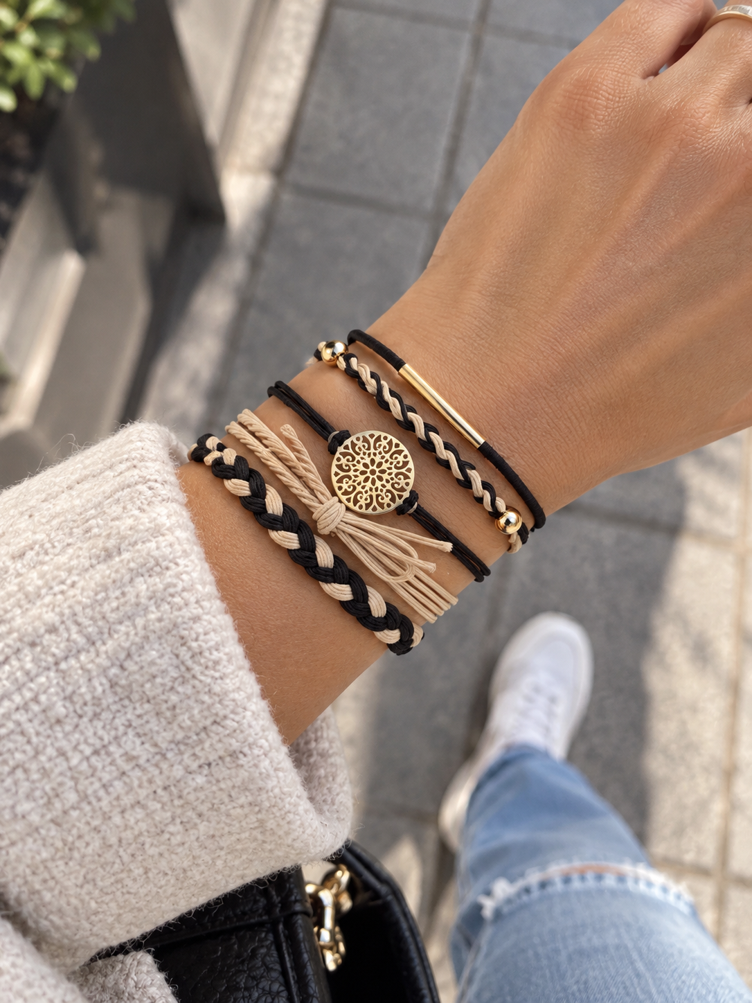 Lot de 5 élastiques à cheveux - Bracelets – noir, beige et doré