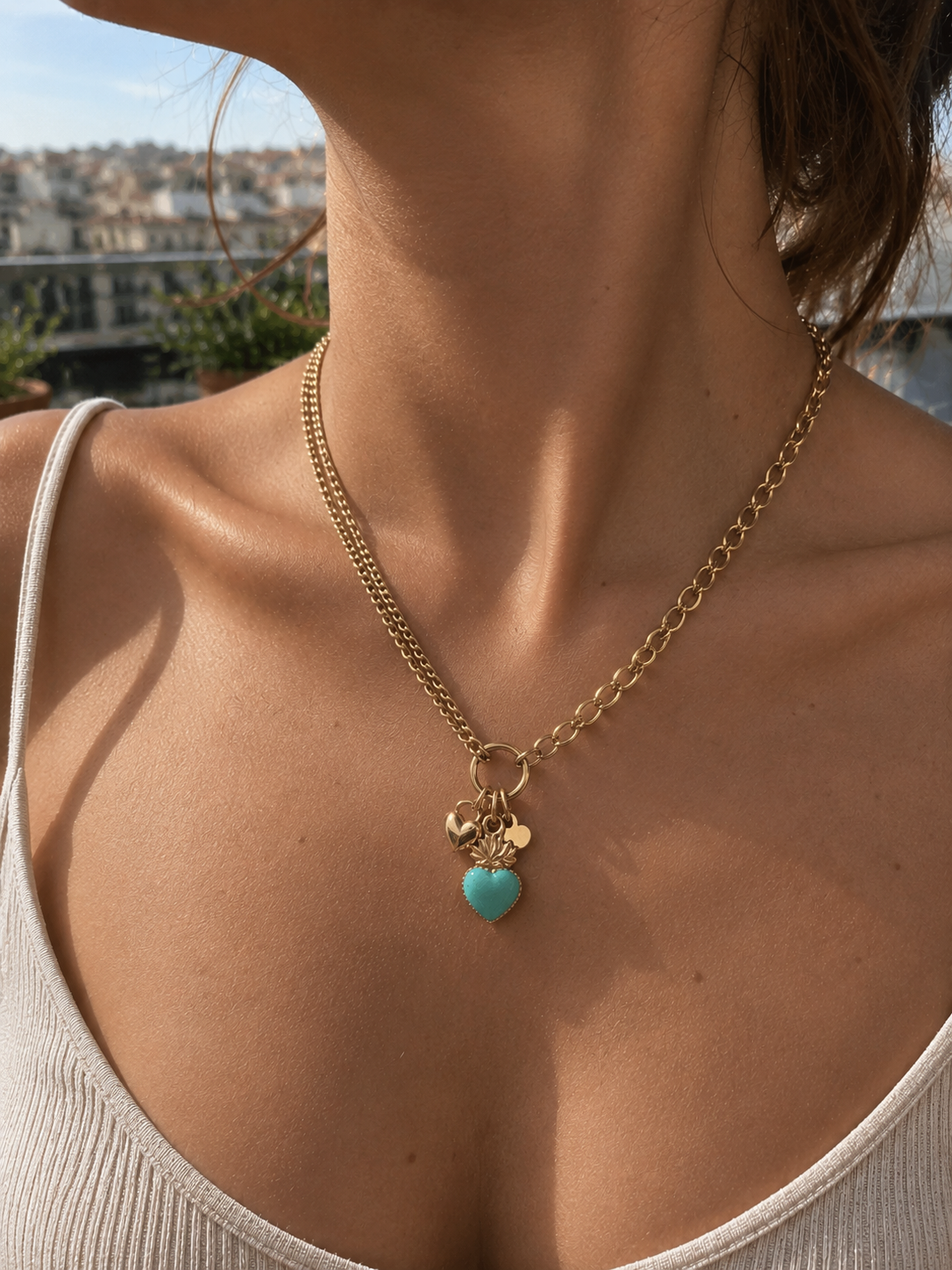 Collier doré asymétrique en acier inoxydable avec pendentifs cœur et breloque turquoise -Tokade