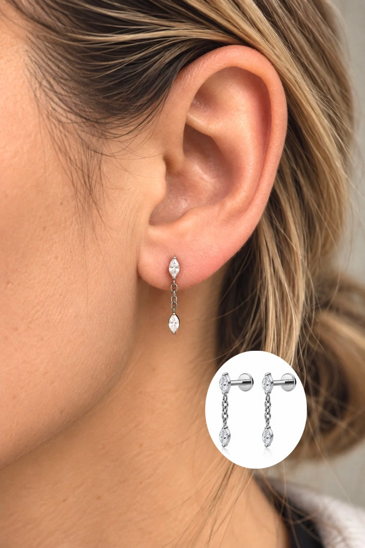Boucles de piercing Wanny argentées – insertion par l’arrière, vissées à l’avant