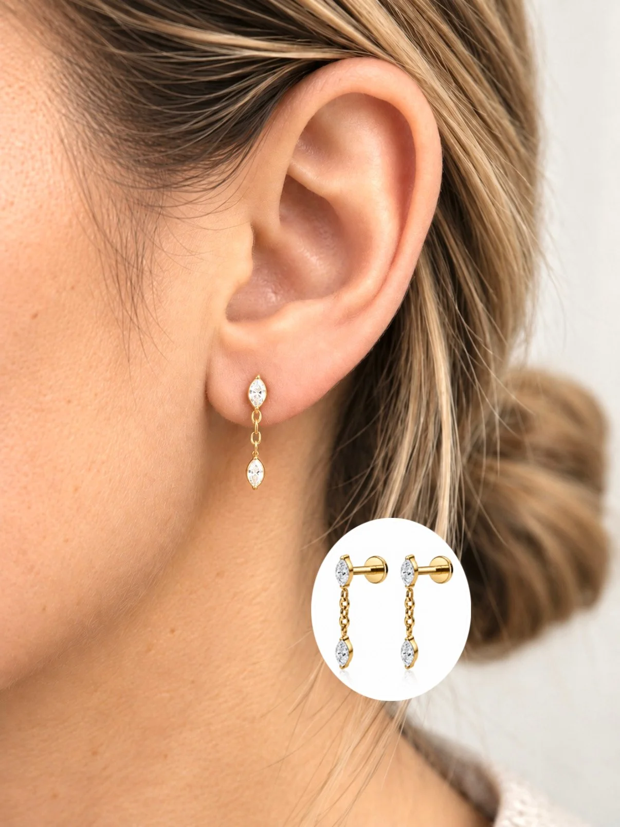 Boucles de piercing Wanny dorées – insertion par l’arrière, vissées à l’avant