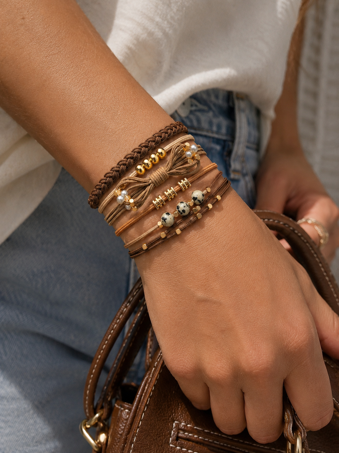 Lot de 5 élastiques à cheveux / Bracelets – Tons bruns et dorés
