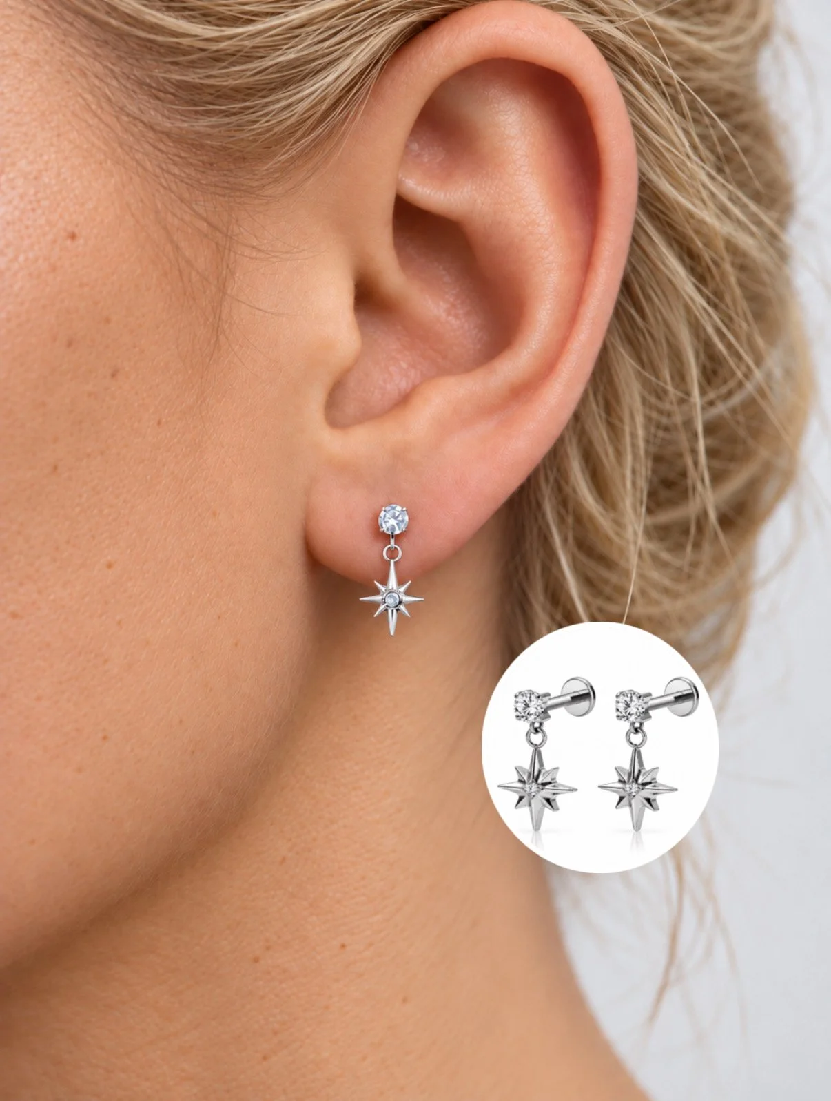 Boucles de piercing Salomé argentées – insertion par l’arrière, vissées à l’avant