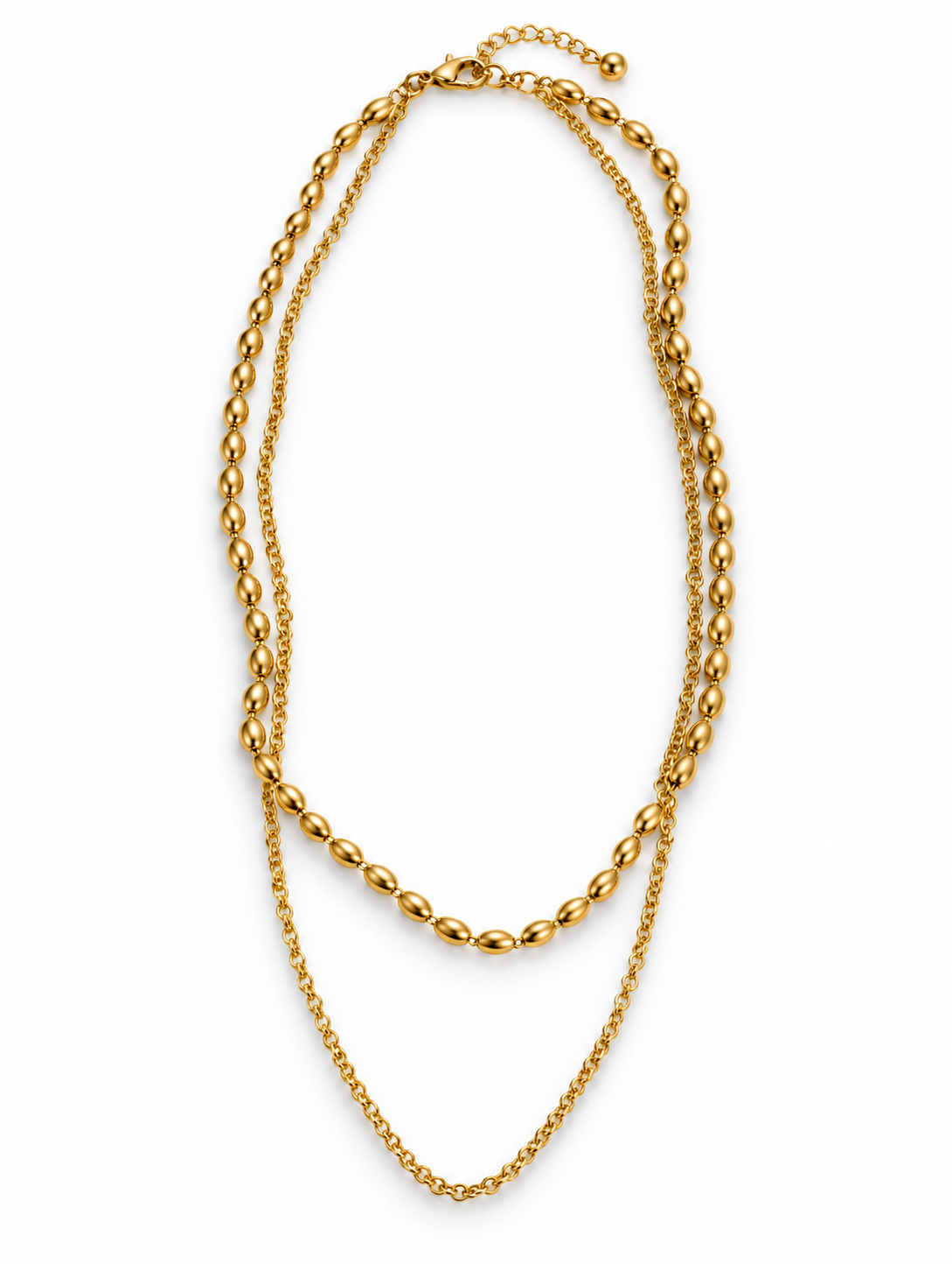 Collier Fally doré à deux chaînes en acier inoxydable sur fond blanc