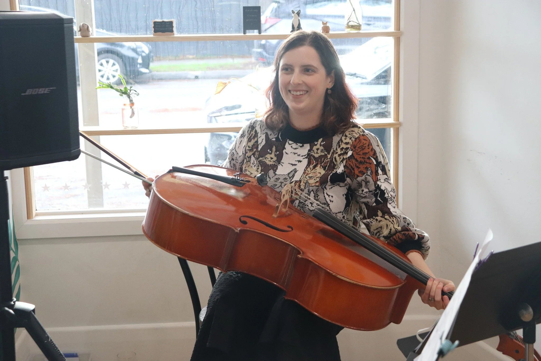 August 8th &ndash; happy international cat day to those who celebrate!

(Let's not mention Andrew Lloyd Webber) 

📷: Rachel at @jof.cafe with cello wearing ridiculous cat jumper; Rachel's back showing close-up of ridiculous cat jumper; Hilary, Rache