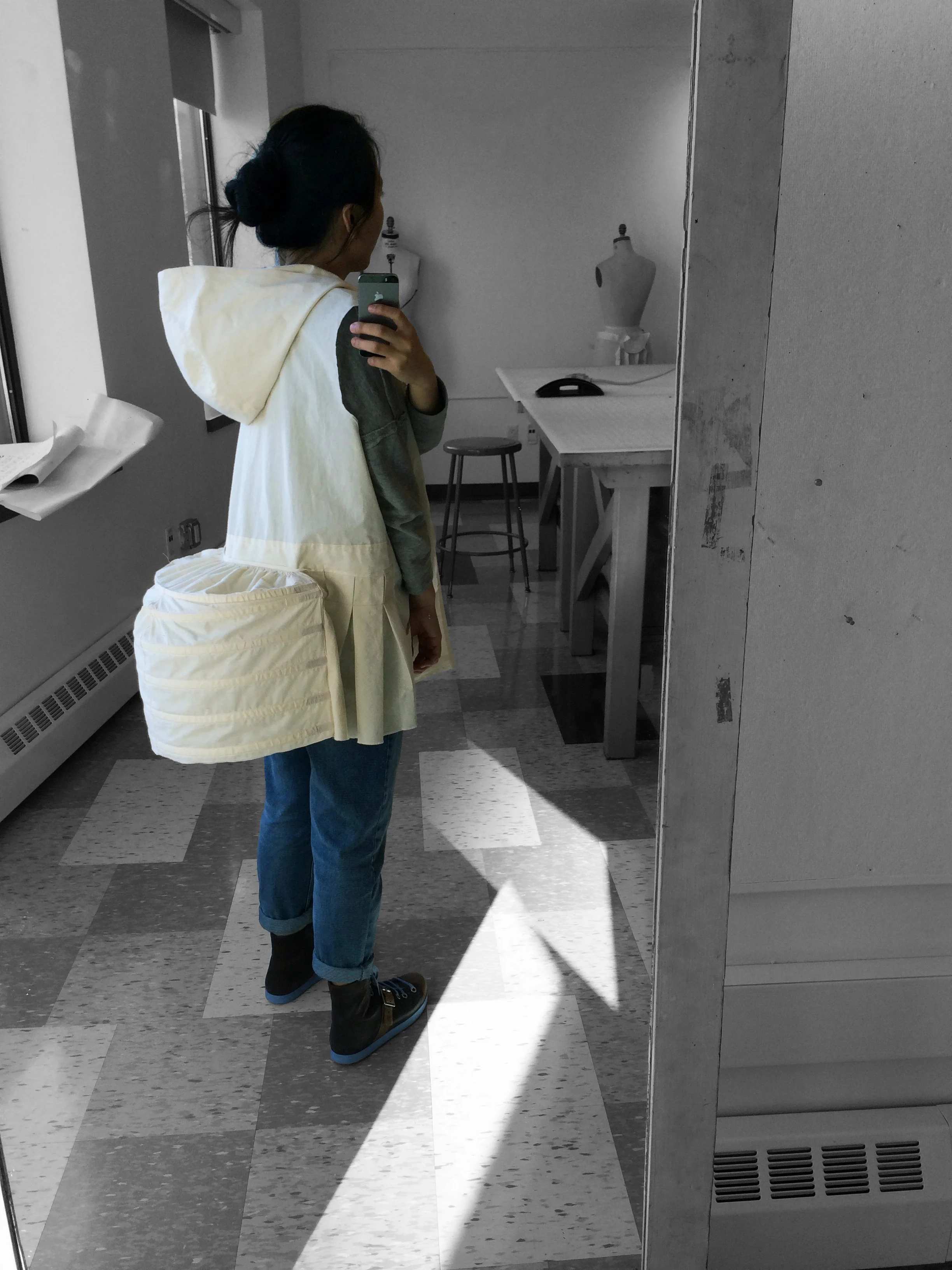 The second study model. Apart from the first one, this focuses on how bustle connects to the jacket and how the bustle moves.