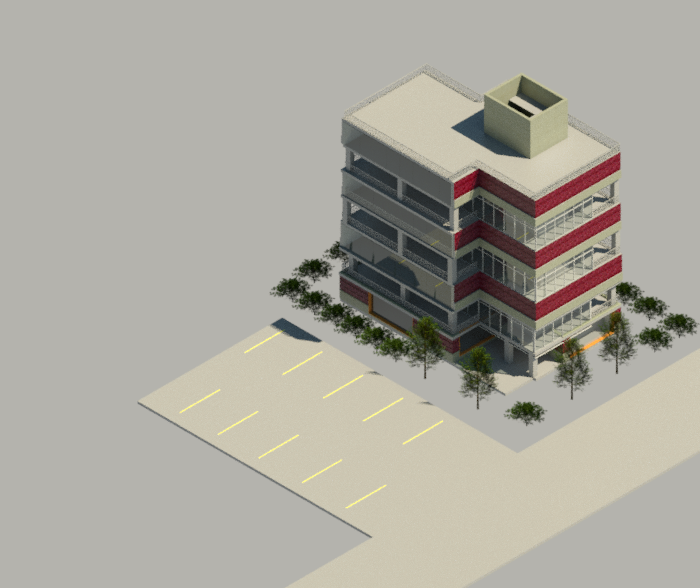 Sample Apartment Building In Revit with a Central Core, Stair Case Assembly, Elevator Shaft, Interstitial floors for MEP equipment and Curtain Wall Assembly using brick and CMU construction.