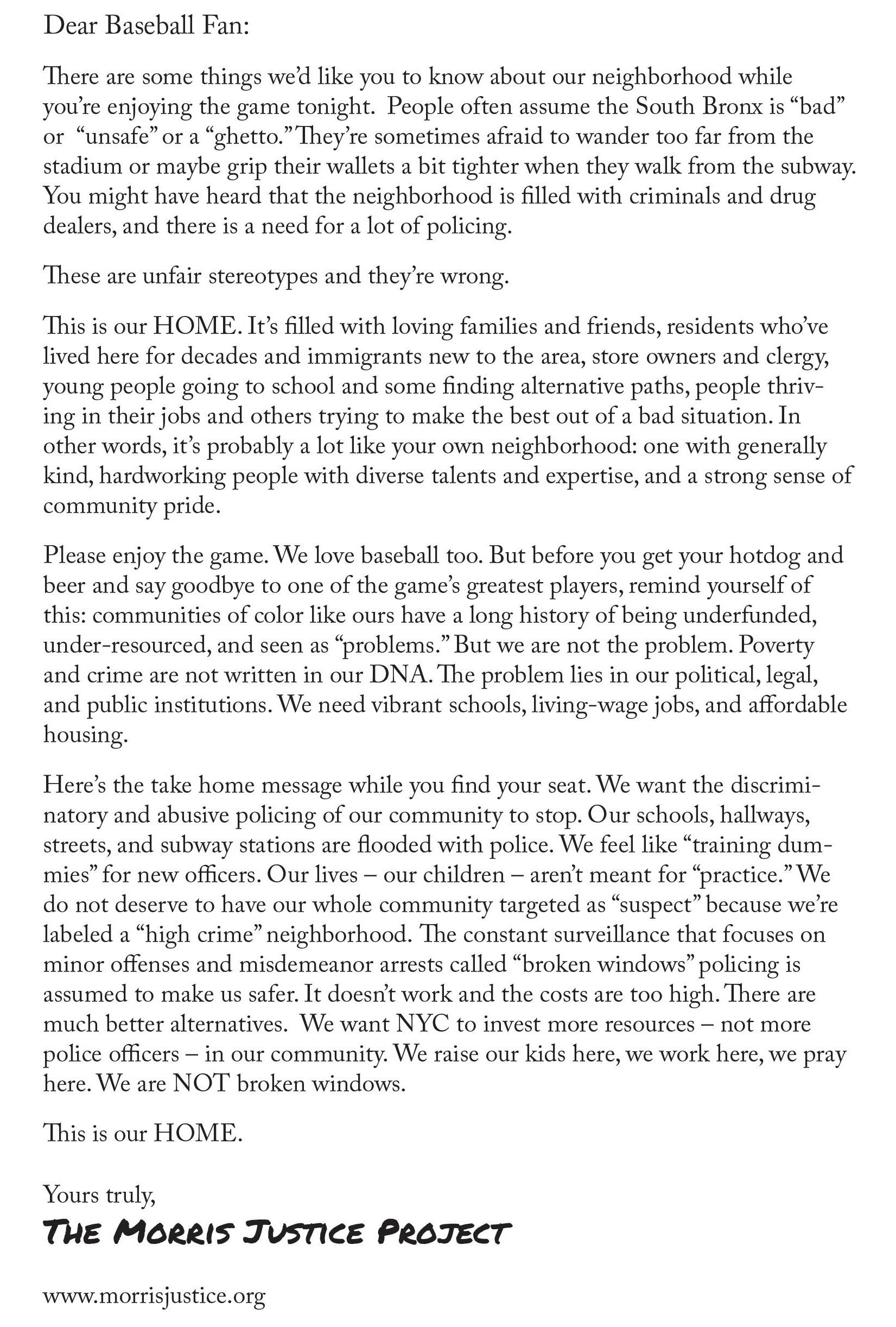The text of the collaboratively written letter that was distributed to Yankees fans.