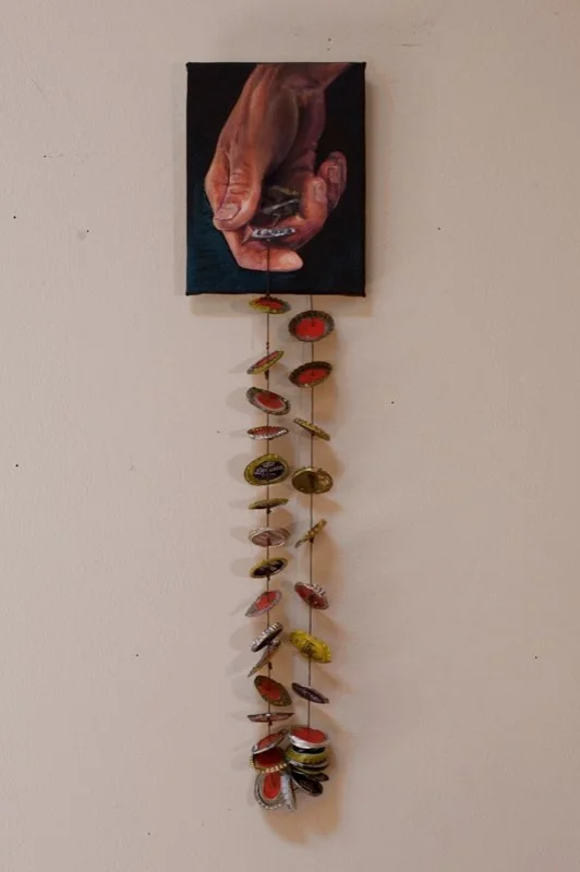 Sadness Oil and acrylic on canvas, found bottle caps 2009 One of four rosary pieces. This piece was created during a period of concentrated gun violence in San Francisco. 