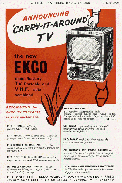 An advert for the EKCO TMB 272 vacuum tube portable TV, 1956.