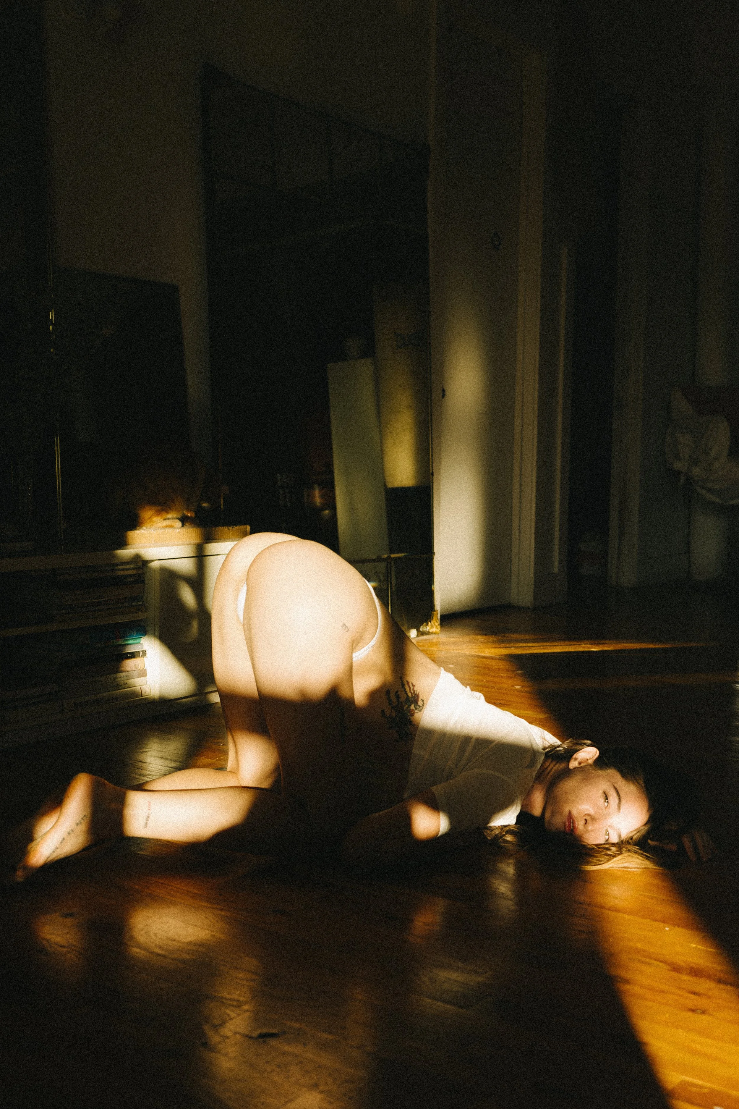 A woman with tattoos lying on the wooden floor, illuminated by warm sunlight, in a dimly lit room with furniture and books in the background.