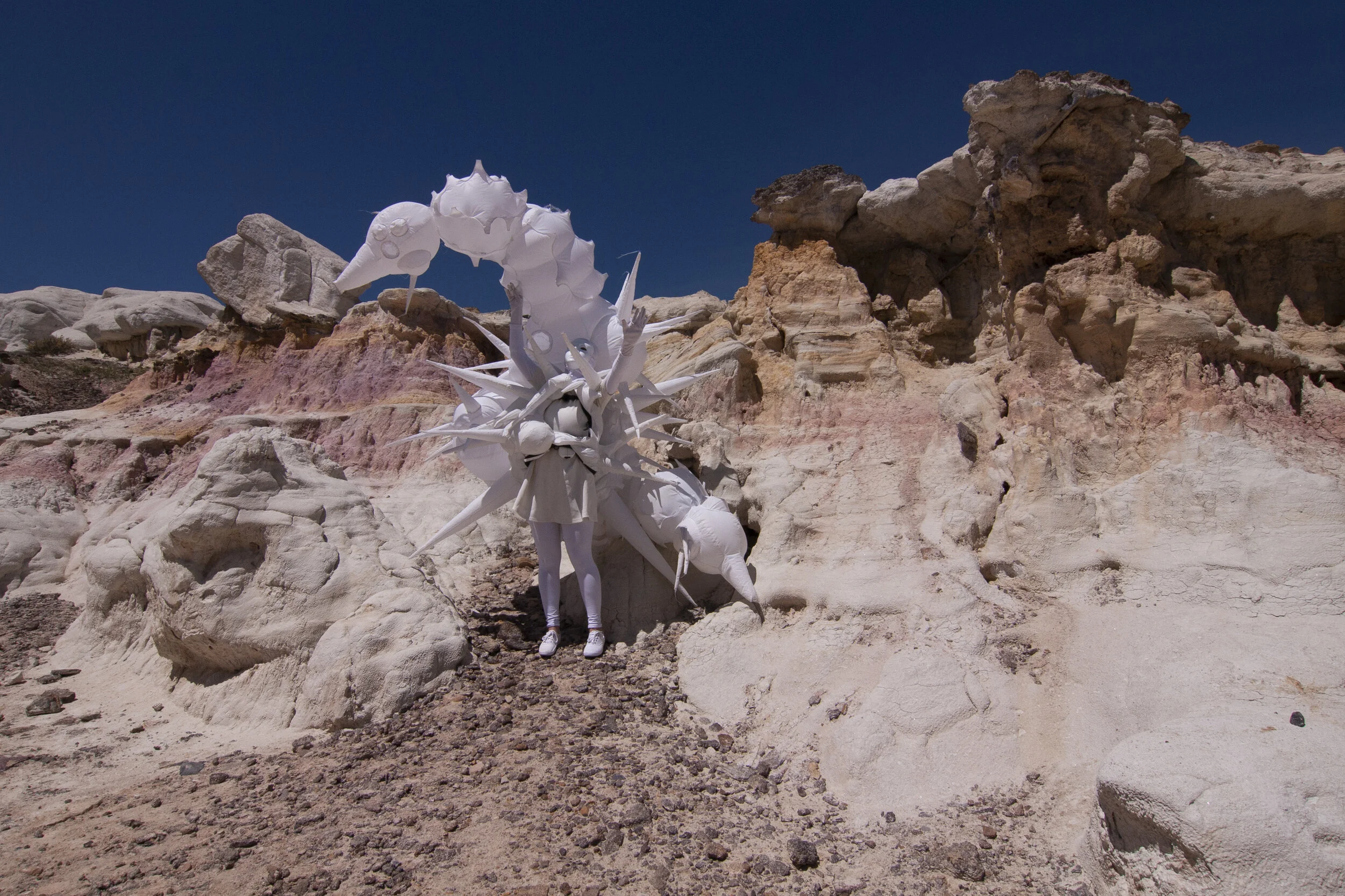 Inflatable fabric sculpture creature performance in Paint Mines