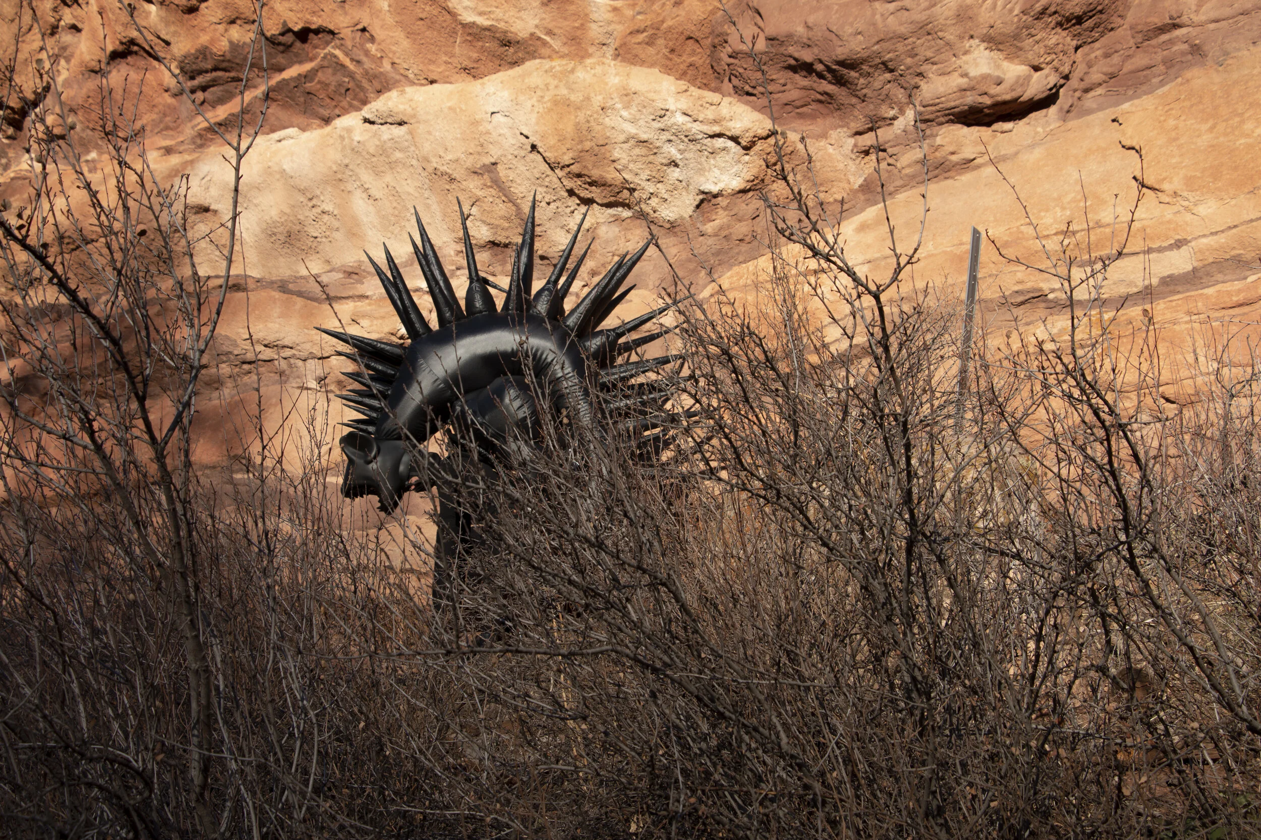 Inflatable fabric sculpture hyena beast performance in Red Rocks