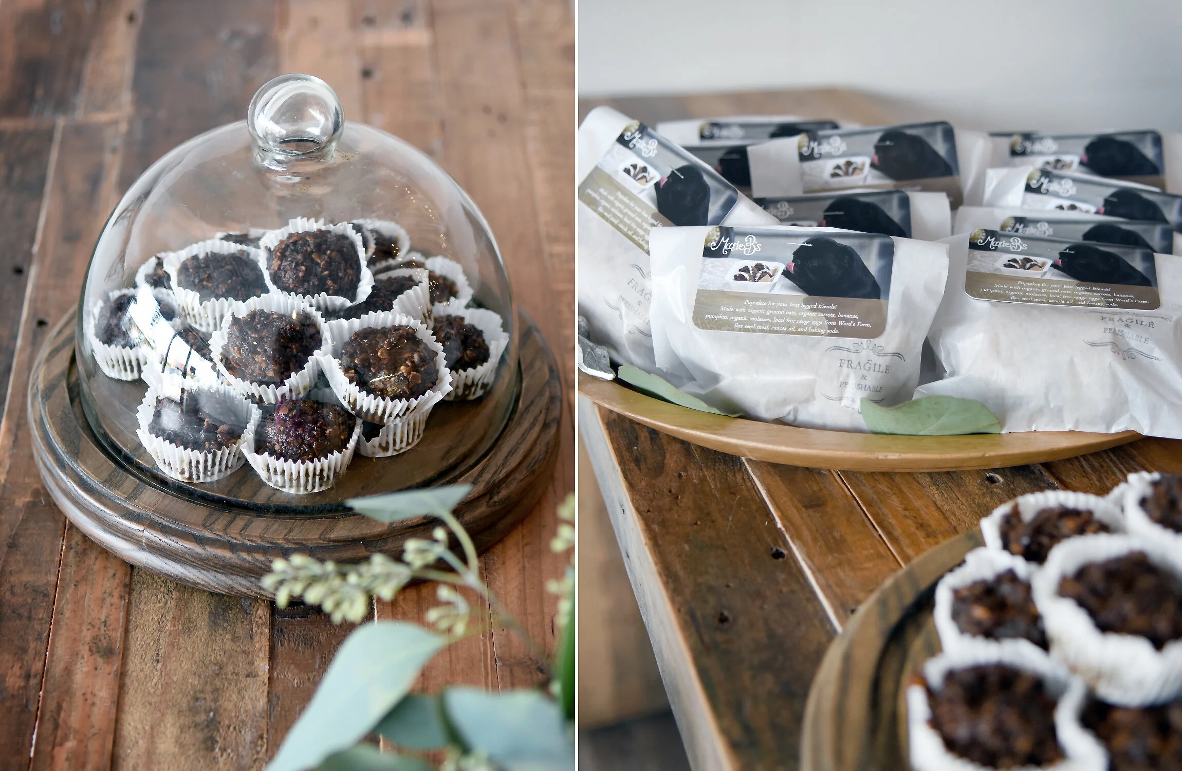 Pupcakes .75 each / 1.50 for a 2-pack / 6.95 for a refillable tub of 9 Bring in your container for a 4 dollar refill when you forgo any additional packaging! Mini pupcakes for your four-legged friends! Made with organic ground oats, organic carrots, bananas, pumpkin, organic molasses, local free range eggs from Ward's Farm, flax seed meal, organic non-GMO canola oil, and baking soda.