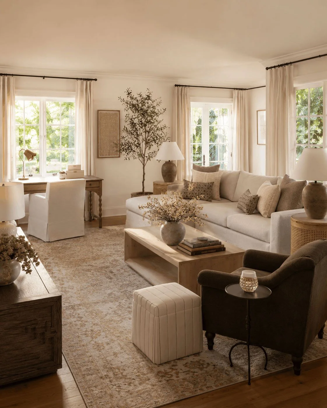Nancy Meyers living room design with something’s gotta give inspired desk by the window with sofa, armchair, dark wood media console, and layered look