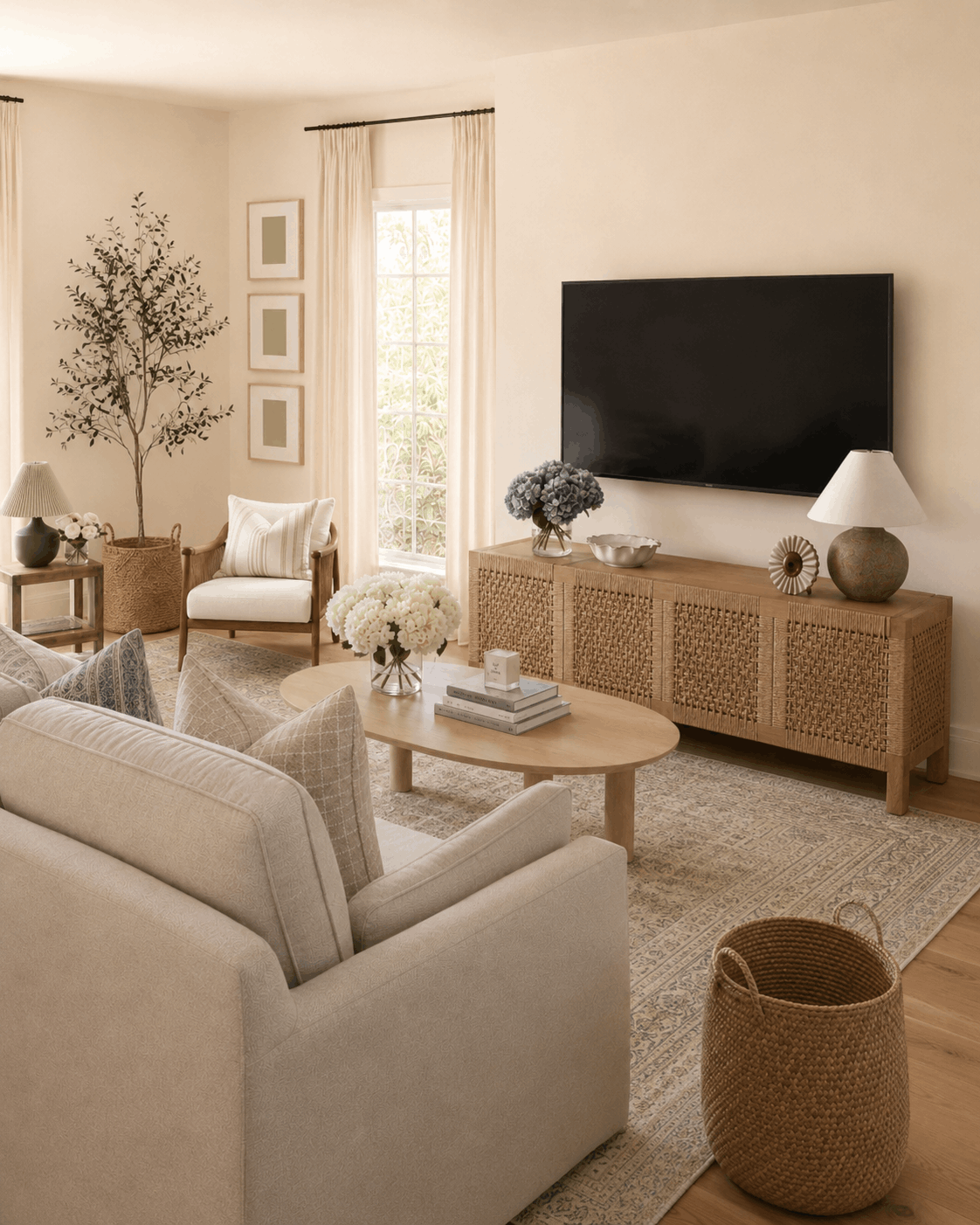 vintage coastal living room design with cream light blue design woven media console vintage rug faux flowers and neutral design elements